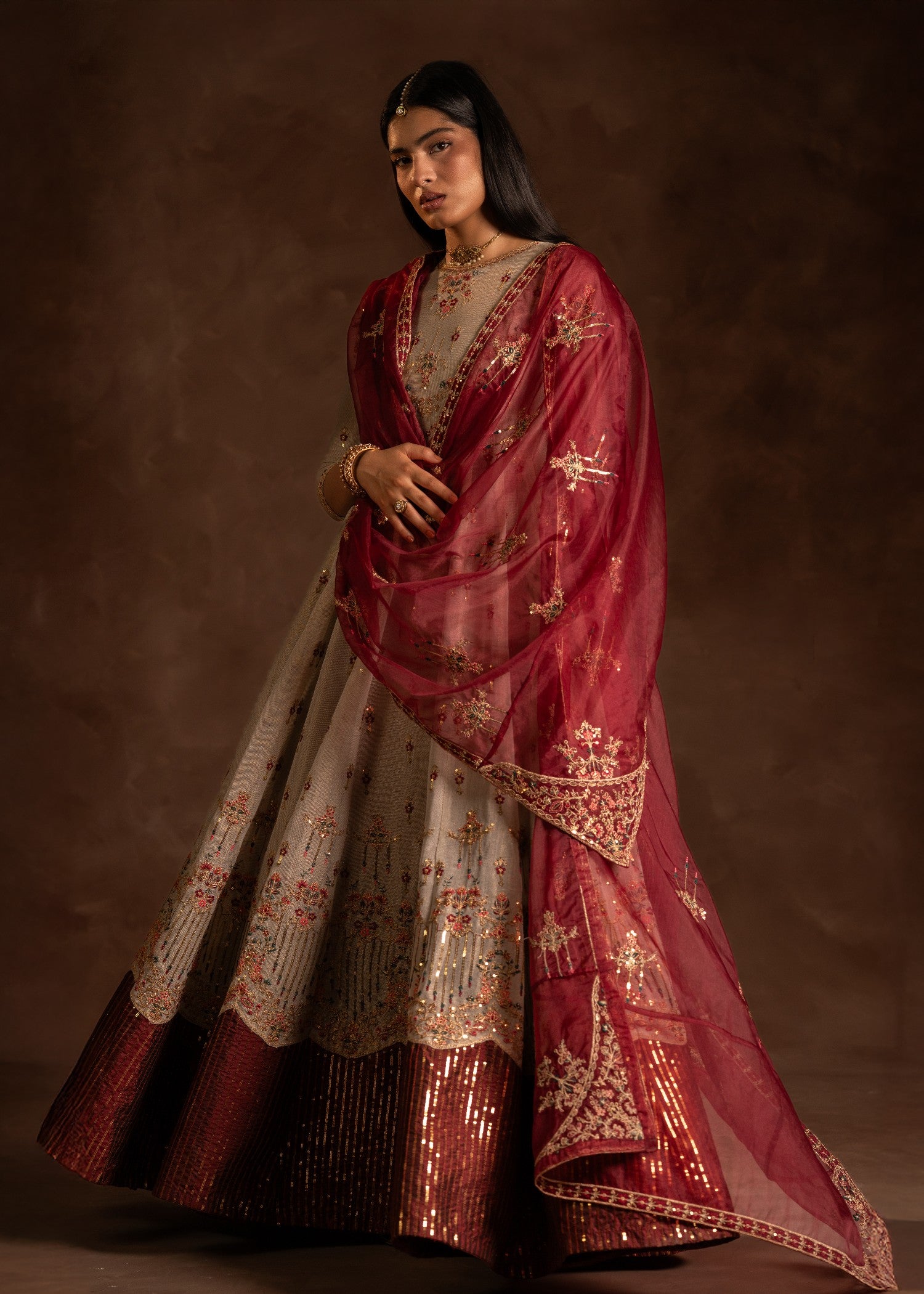 cotton net Pishwas in Maroon, beige