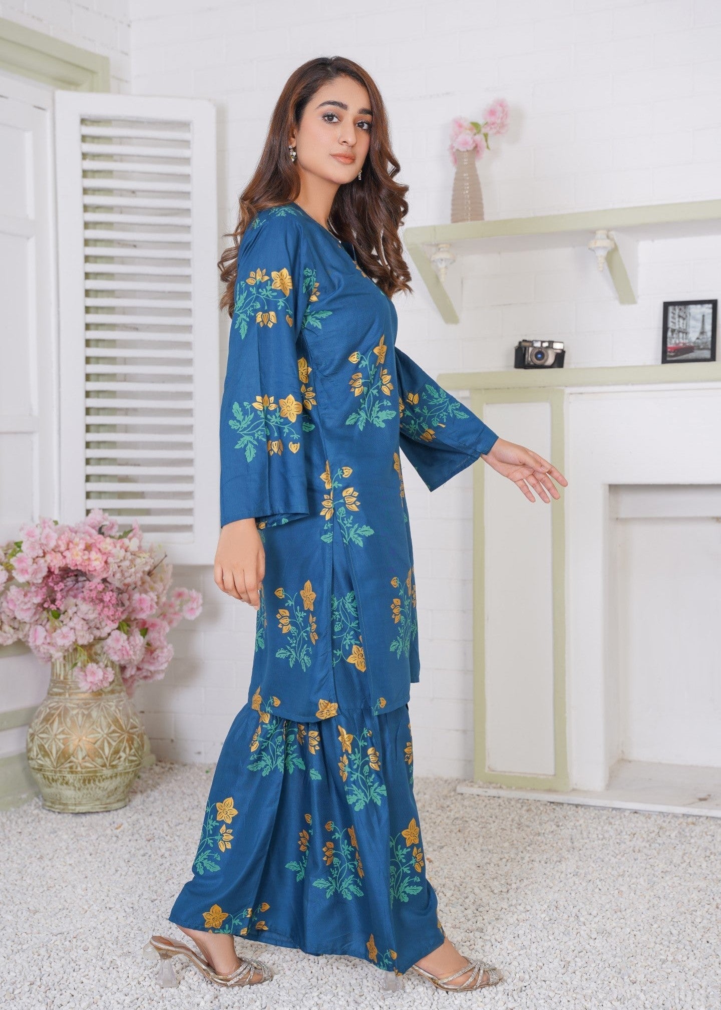 linen Gharara in Teal