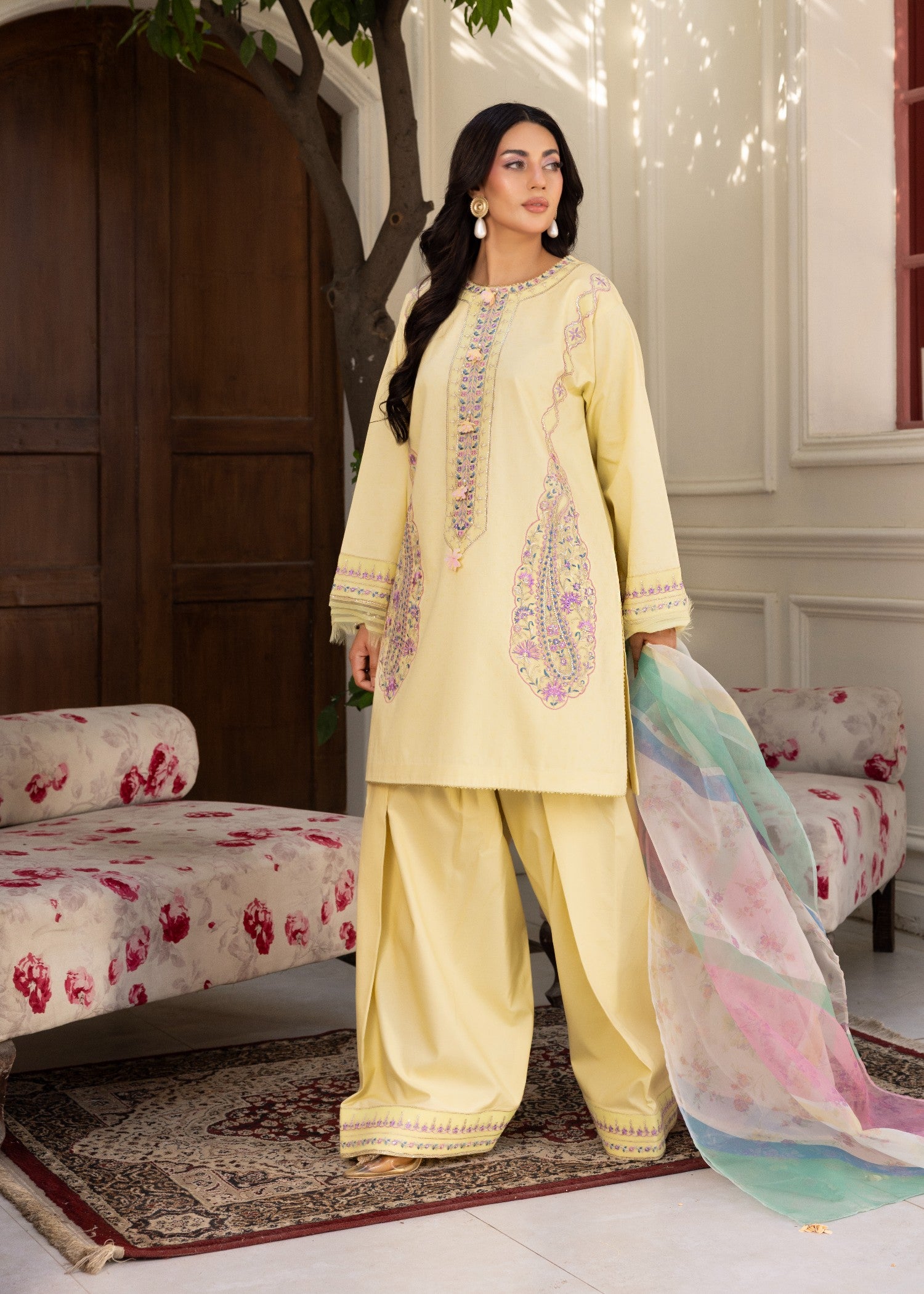 jacquard Kurta Set in Yellow