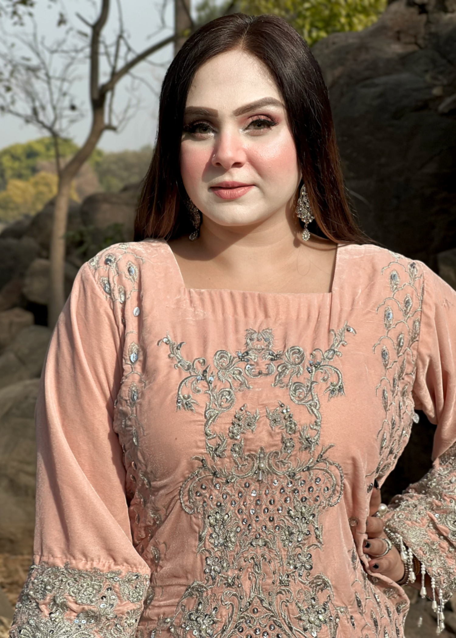 velvet Kurta Set in Light pink