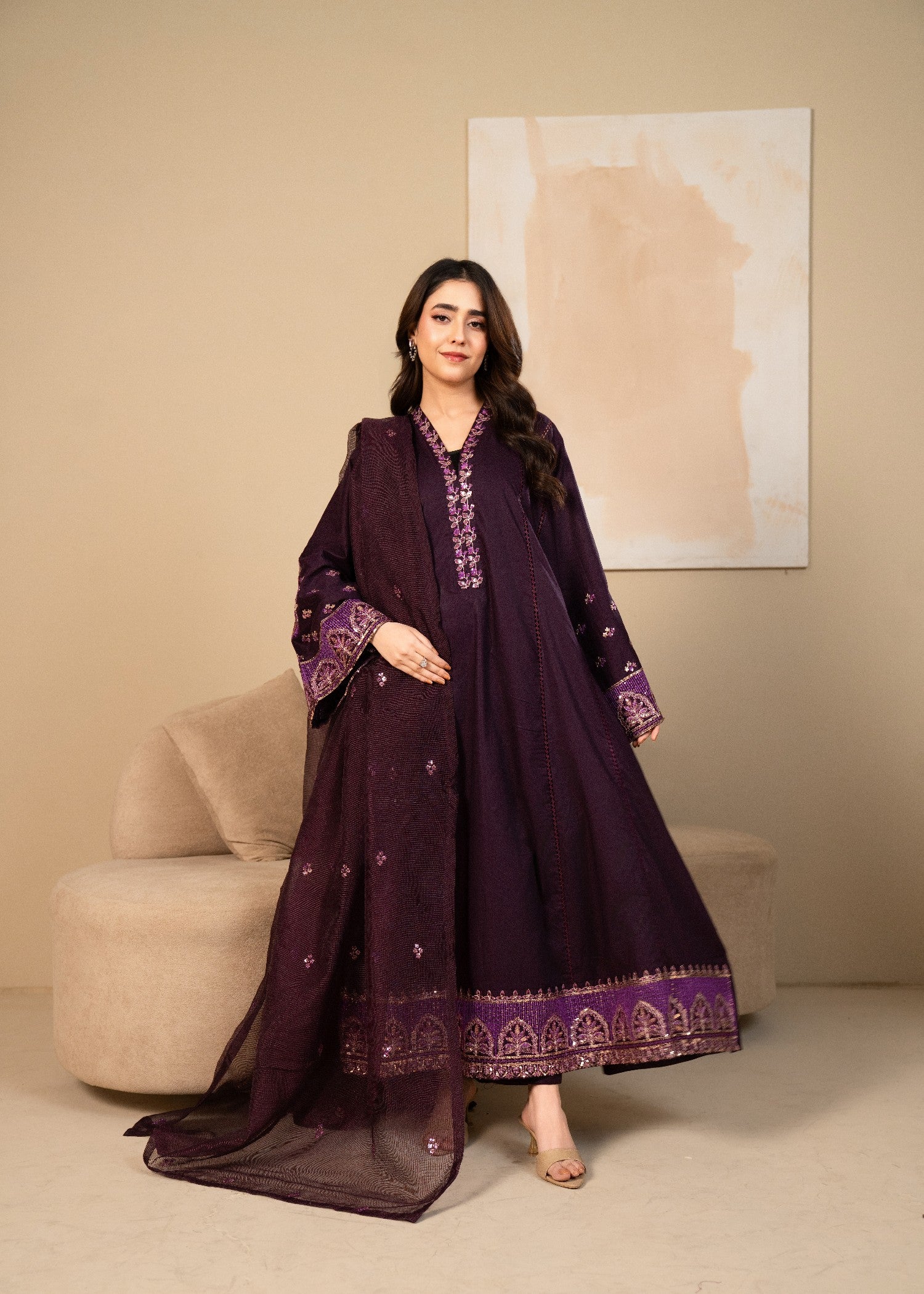 lawn cotton Pishwas in Deep purple