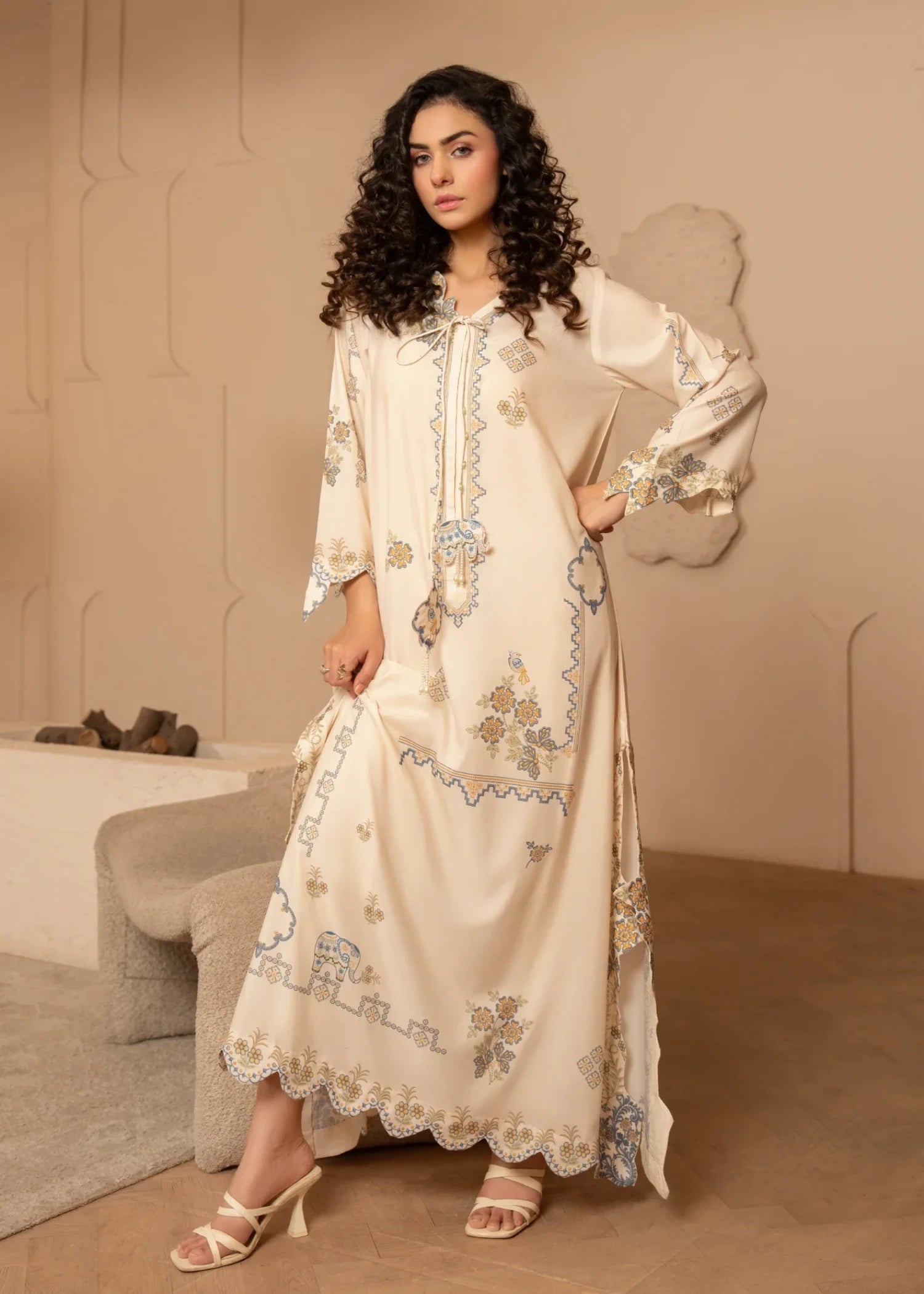 poly lawn Kaftan in Off-white