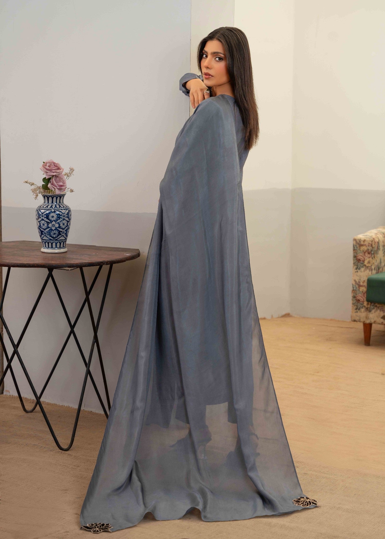 silk Kurta Set in Steal grey