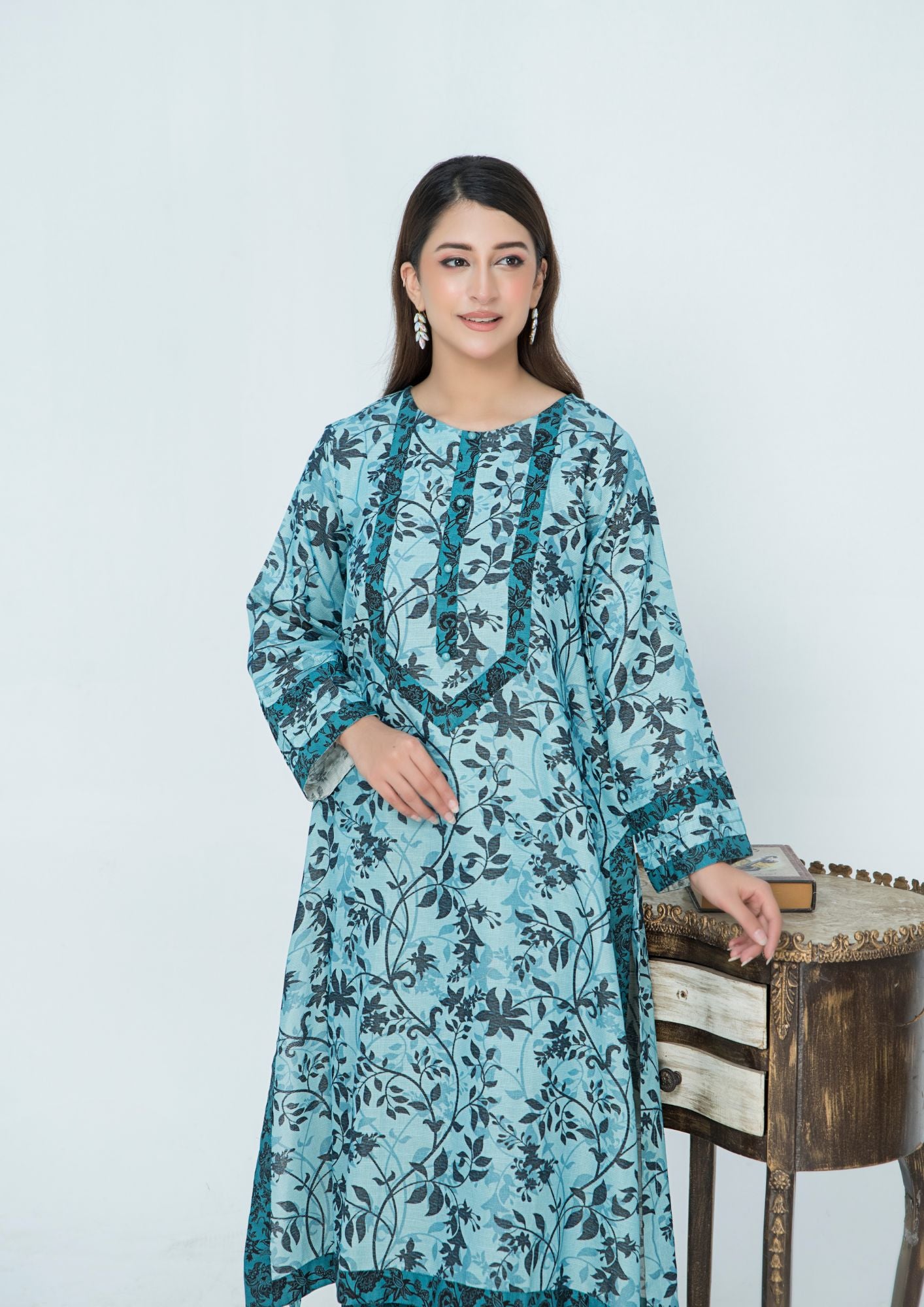 slub khaddar Kurta Set in Aquamarine