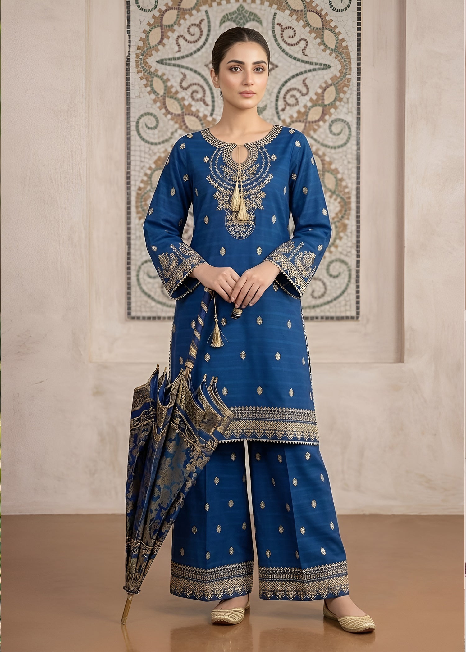 cotton jacquard Kurta Set in Royal blue