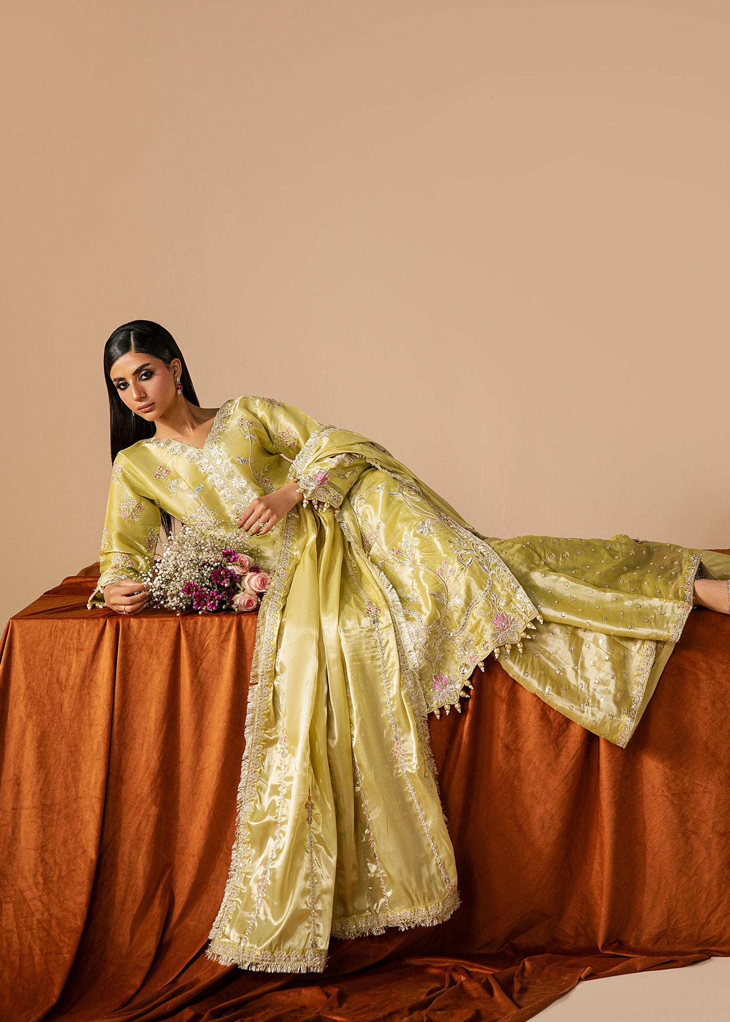 silk Kurta Set in Key lime
