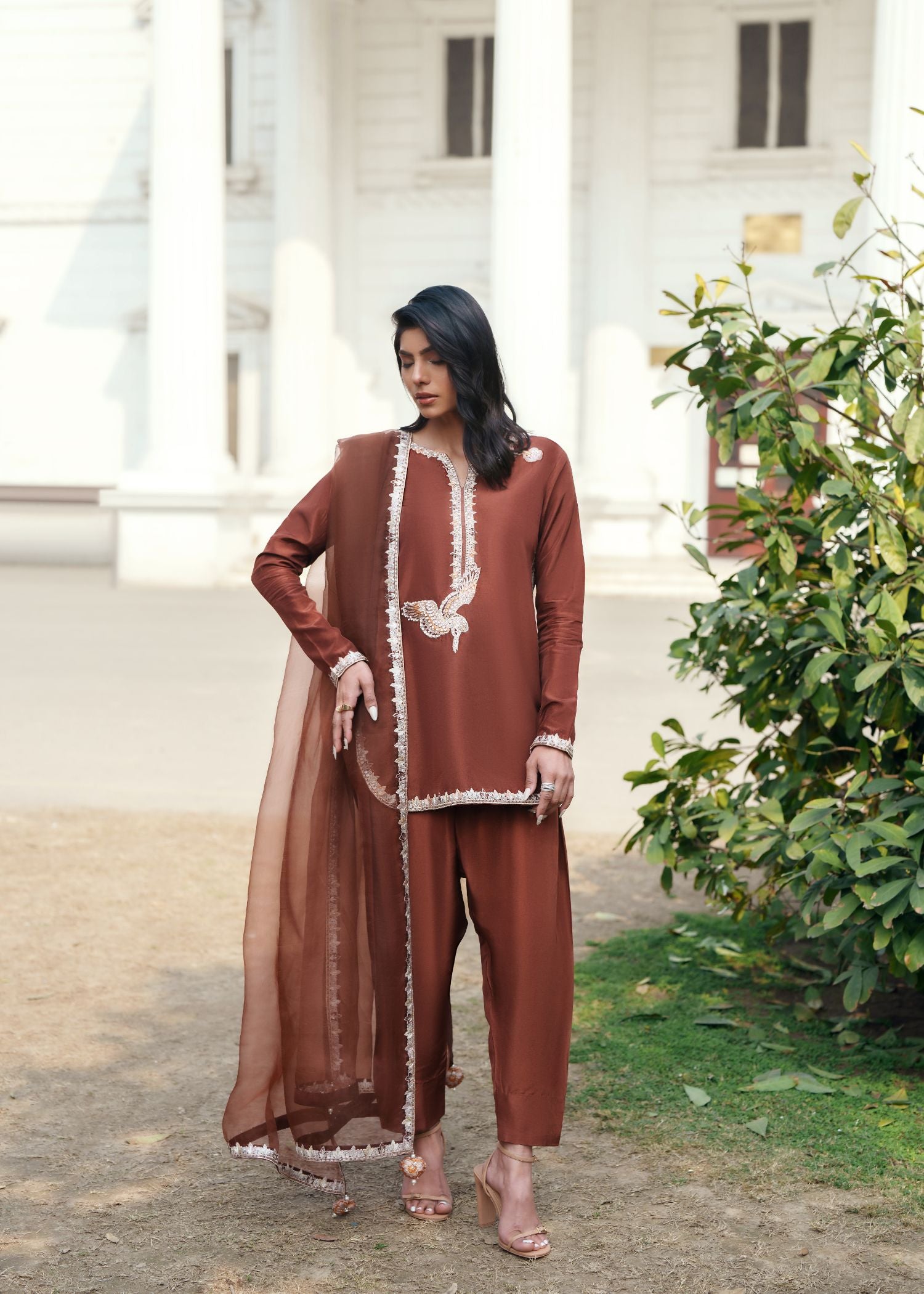 tissue silk Kurta Set in Mocha brown