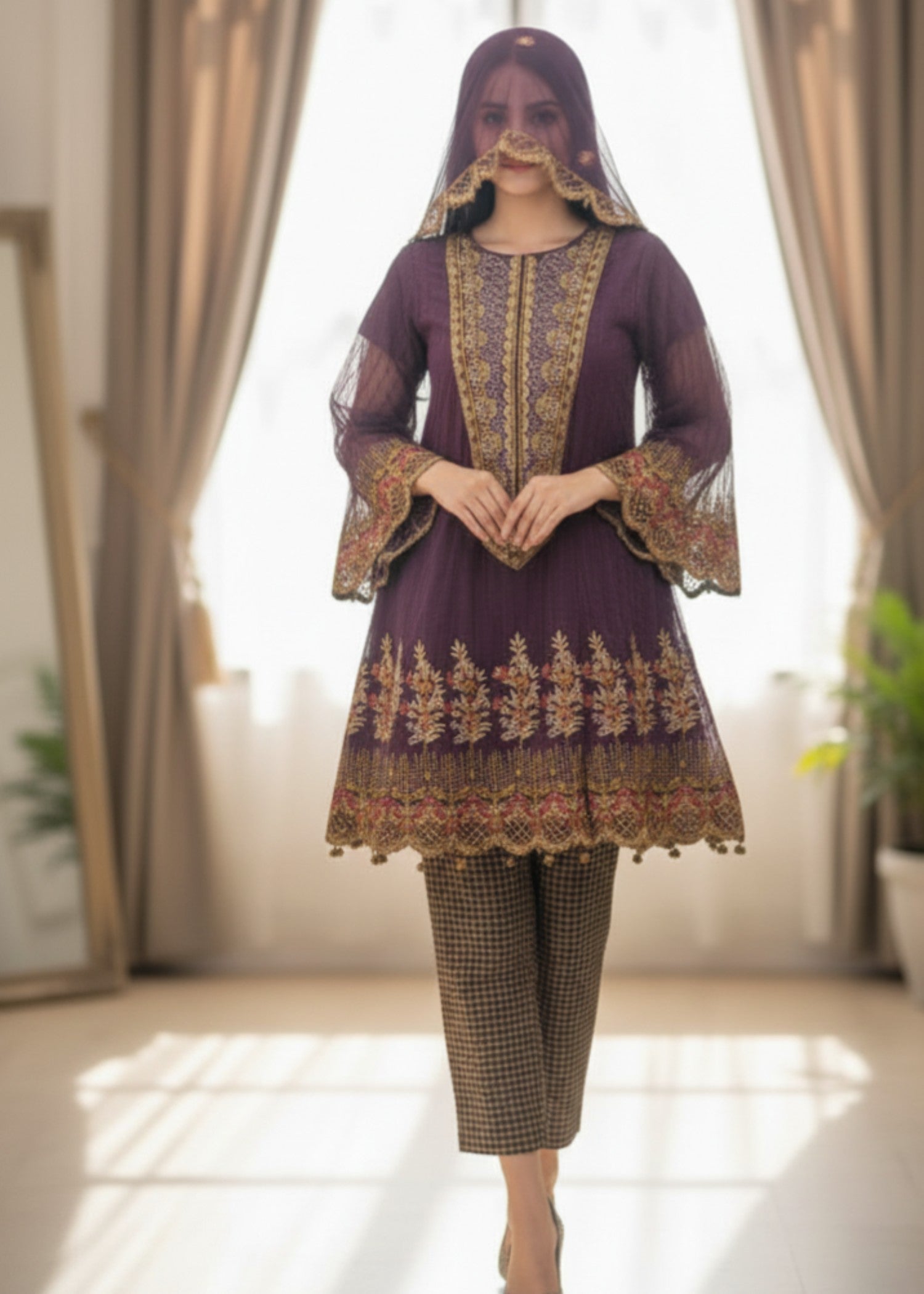 organza net Short Frock in Purple