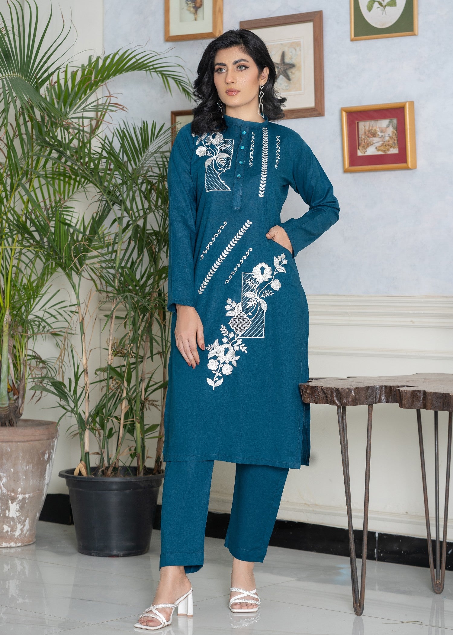 lawn cotton Kurta Set in Yale blue