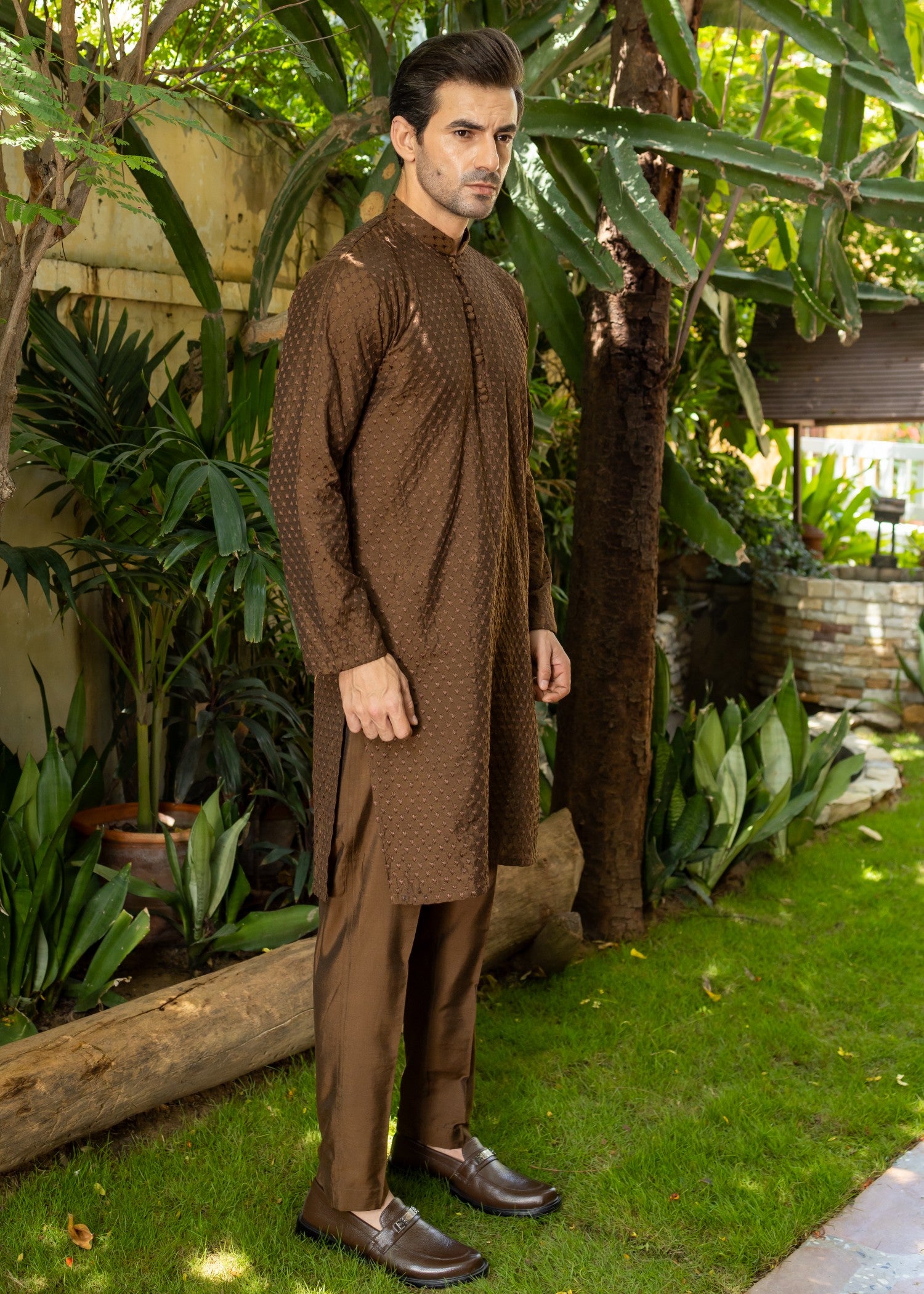 cotton silk Kurta Set in Brown
