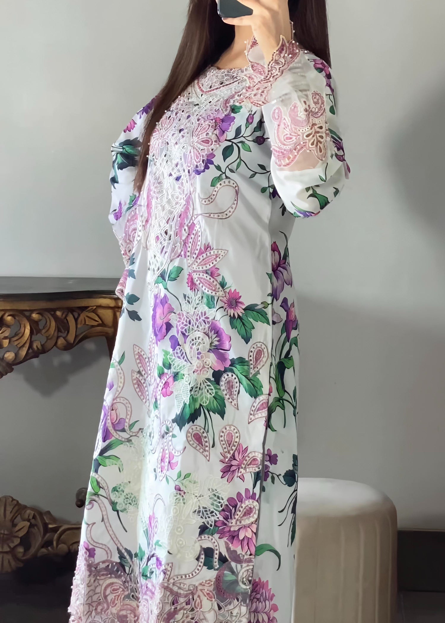 lawn Kurta Set in Purple, white