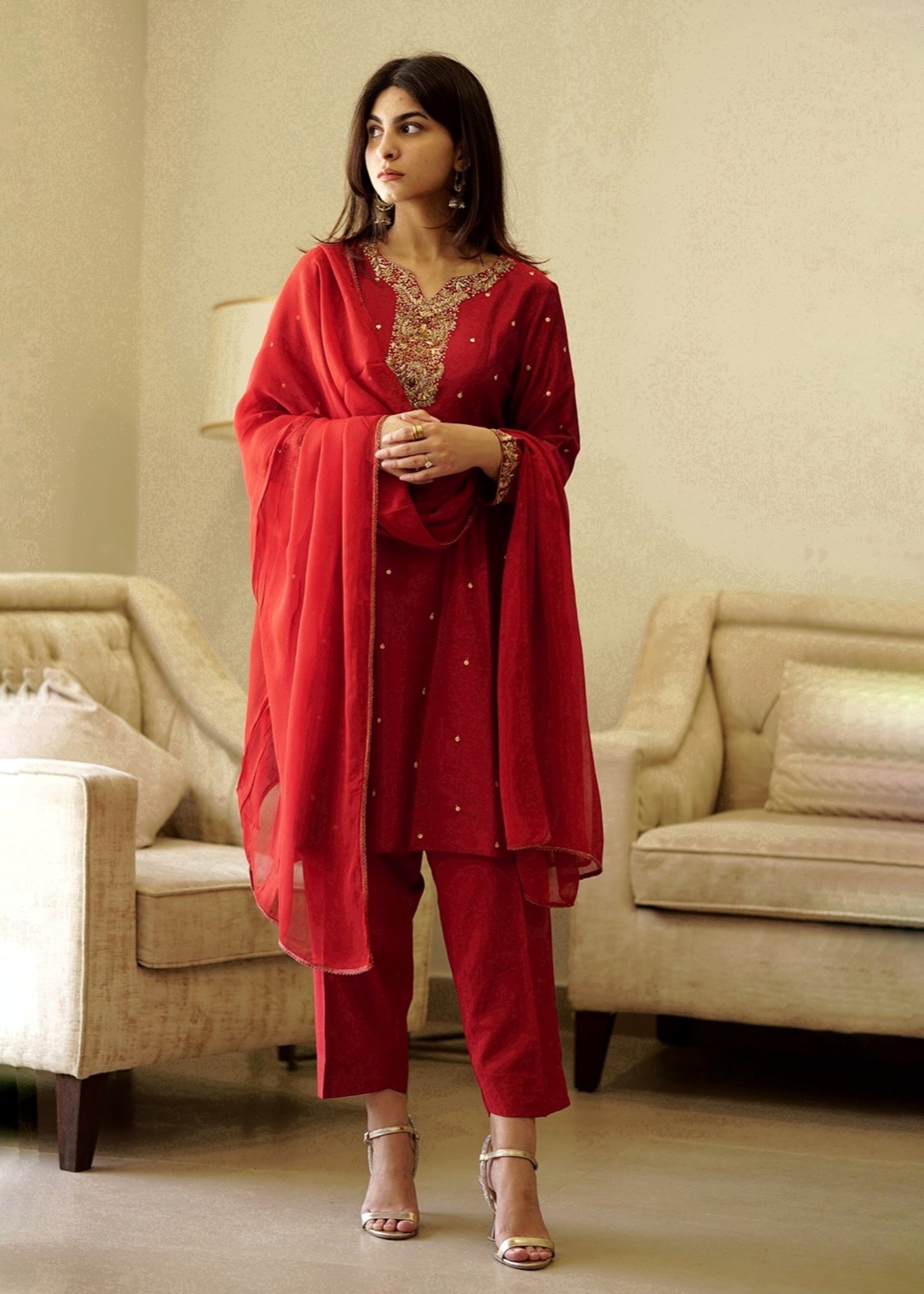 khaddi silk Kurta Set in Blood red