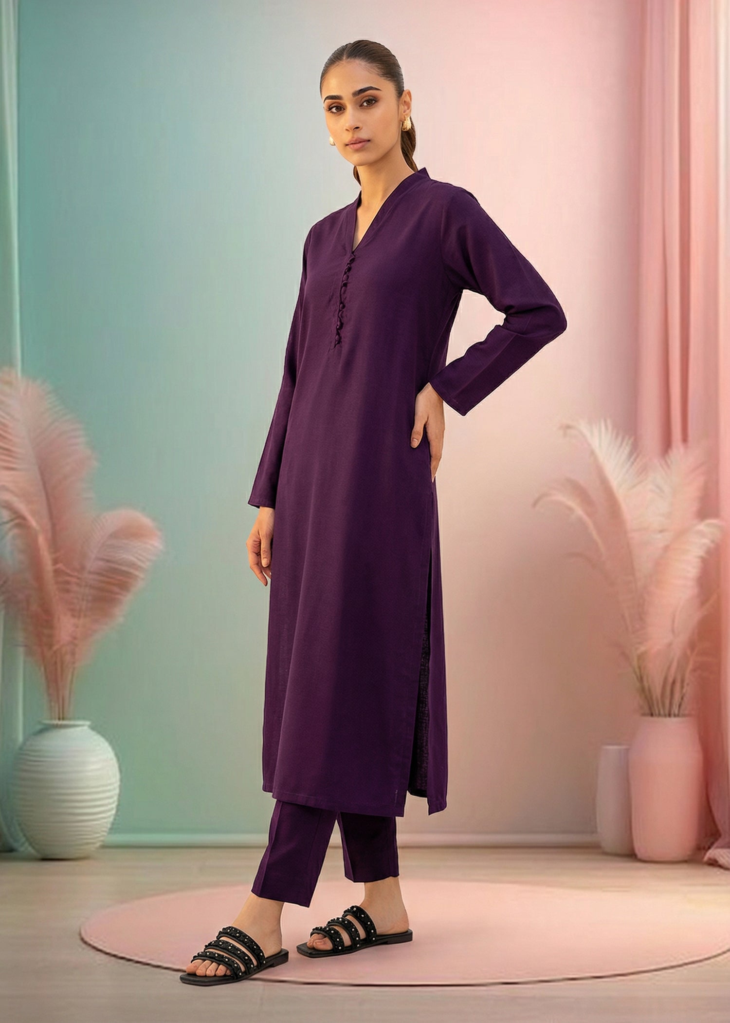 slub lawn Kurta Set in Royal purple