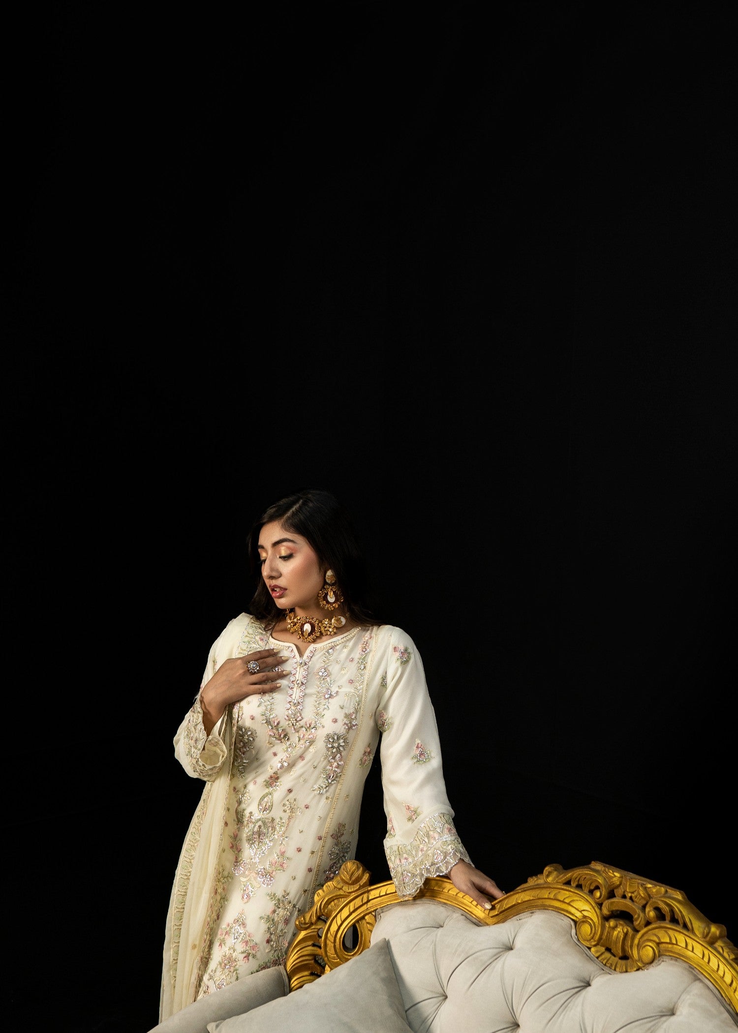 crinkle chiffon Kurta Set in Ivory