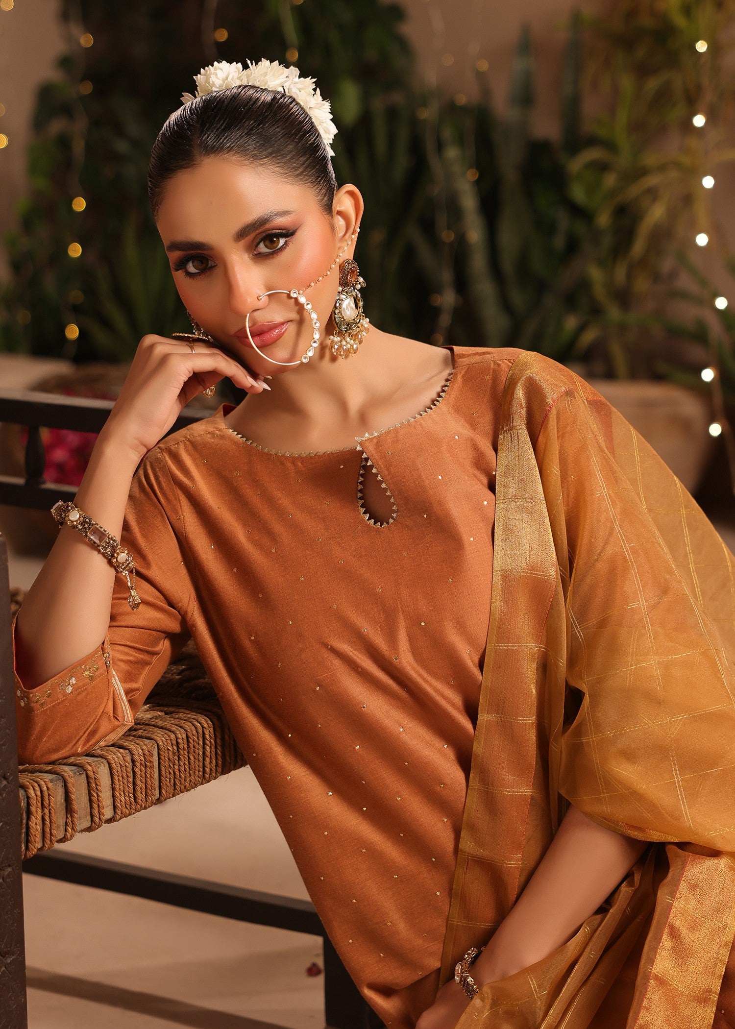 silk Kurta Set in Russet brown