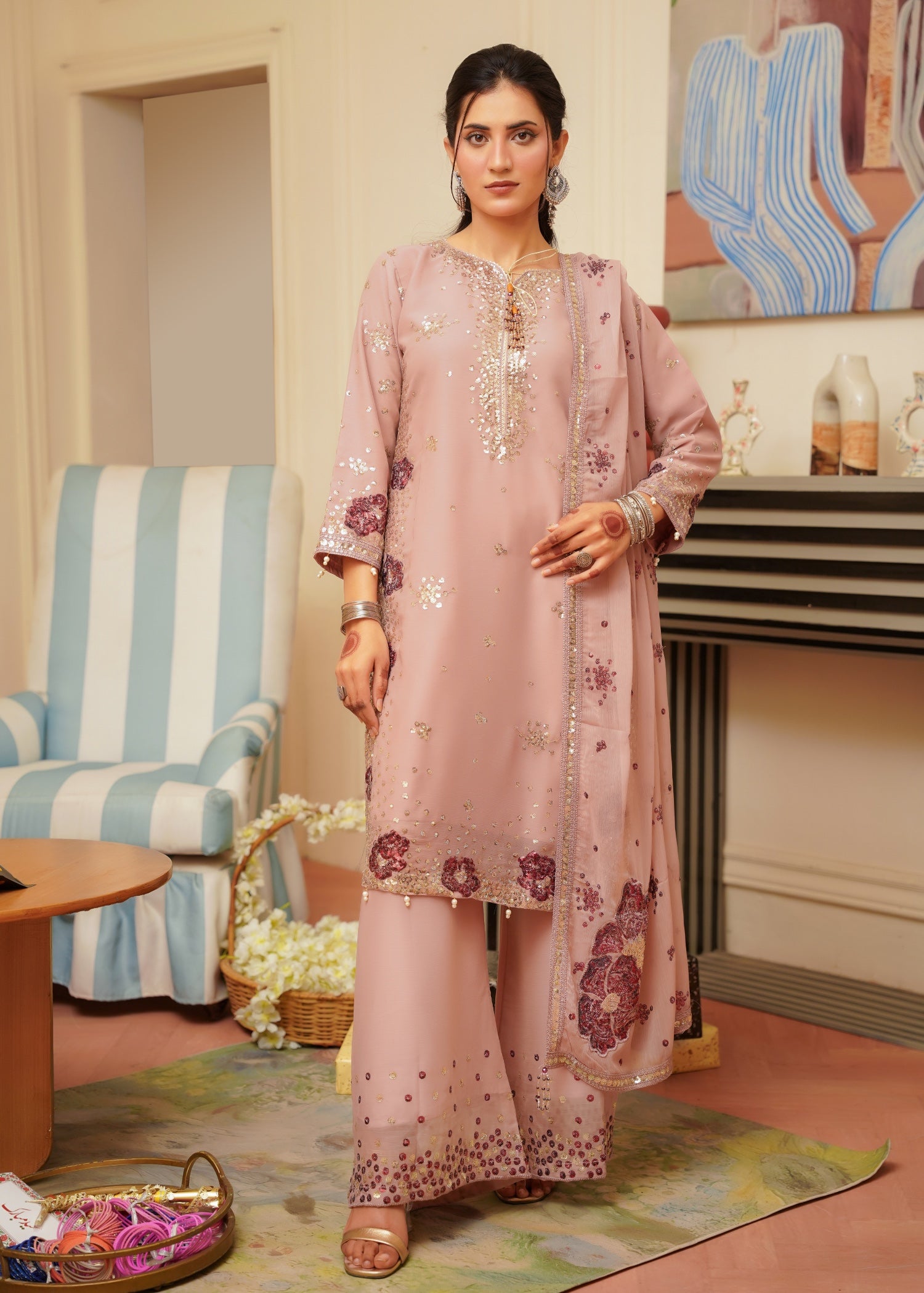 chiffon Kurta Set in Tea rose pink
