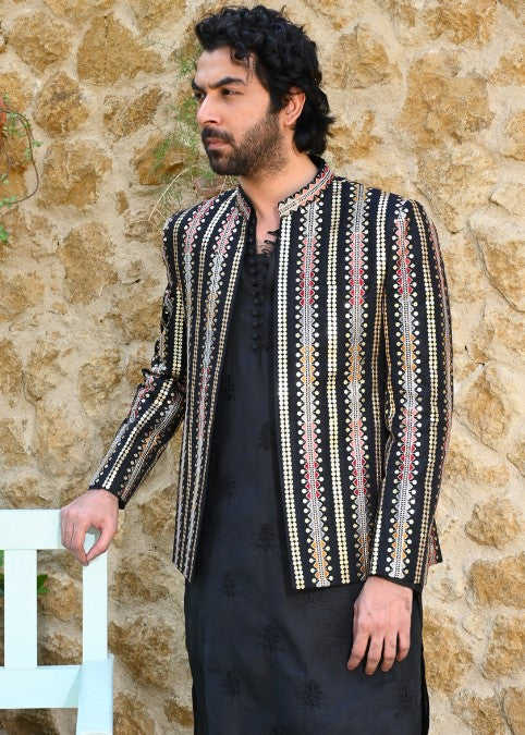 raw silk Prince Coat in Jet black