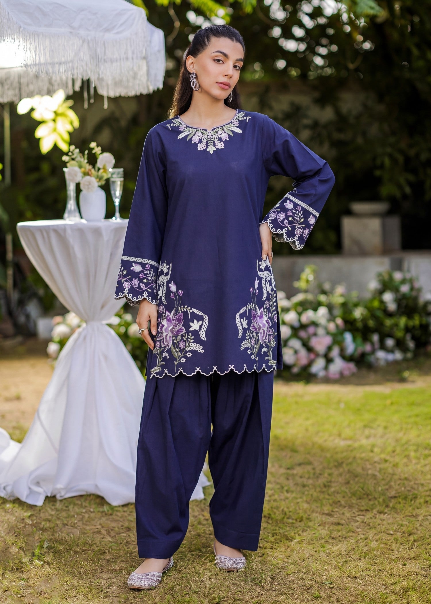 lawn Kurta Set in Navy blue