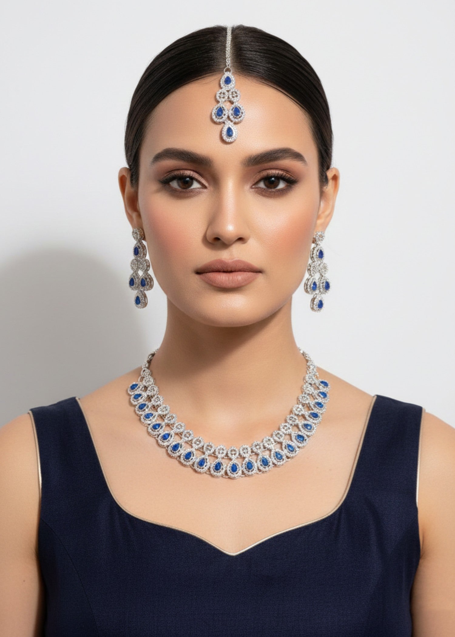 Jewelry Set in Silver, sapphire blue Color by - Trendy Women Jewelry Set YWJ4259