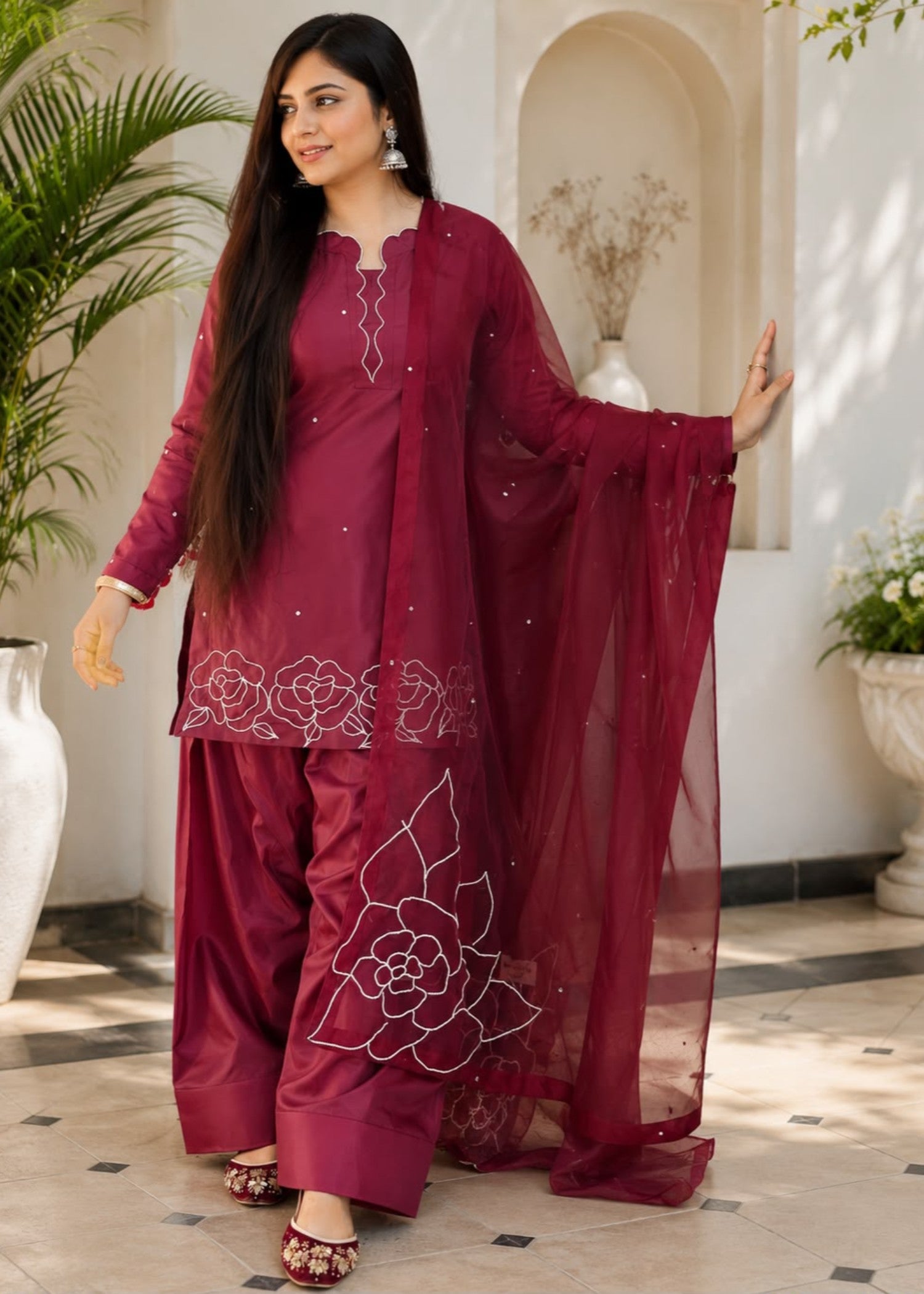 silk Kurta Set in Rose red