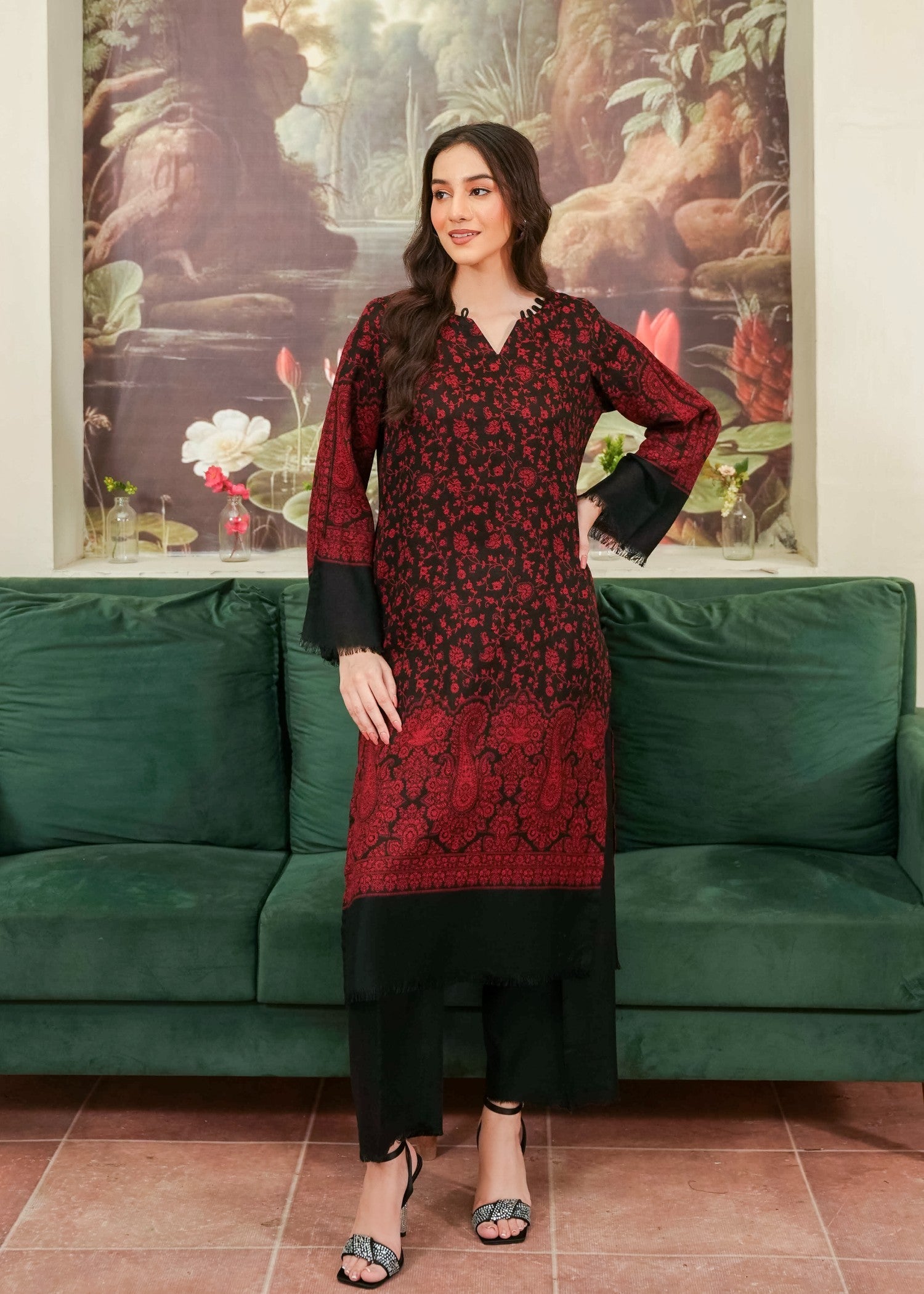 pashmina wool Kurta Set in Black, maroon