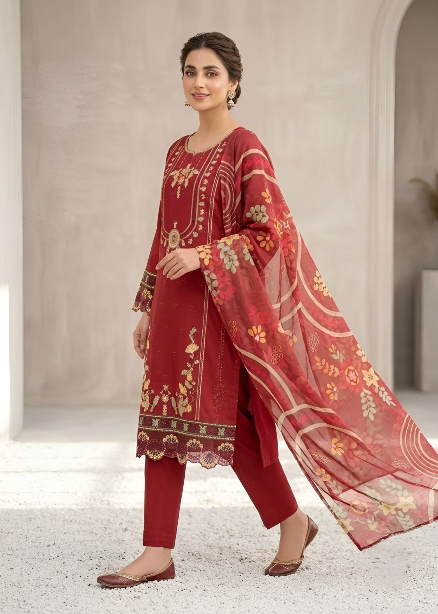lawn Kurta Set in Burgundy