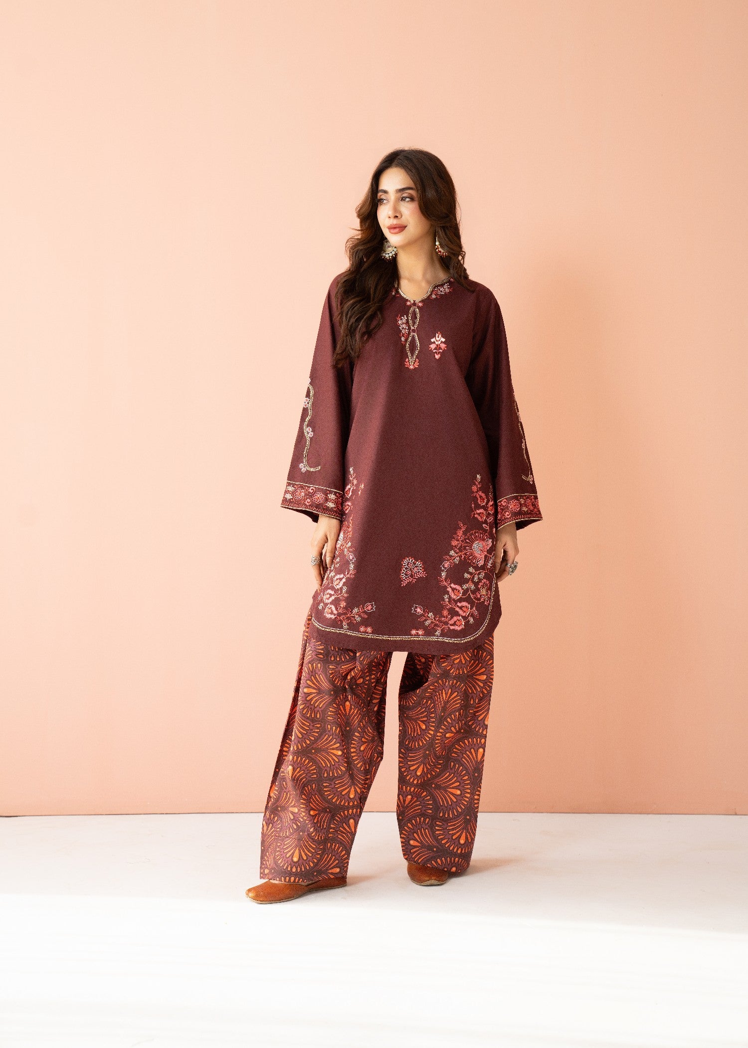 lawn cotton Kurta Set in Dark brown