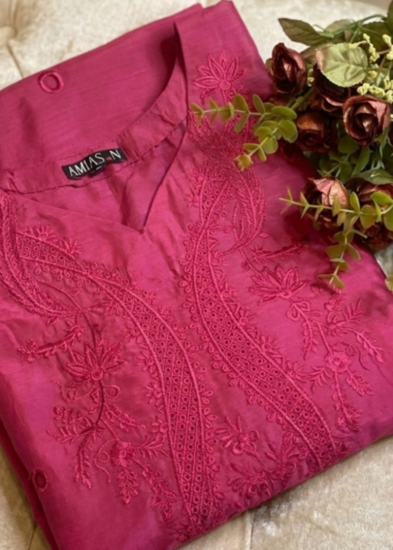 viscose raw silk Kurta Set in Raspberry