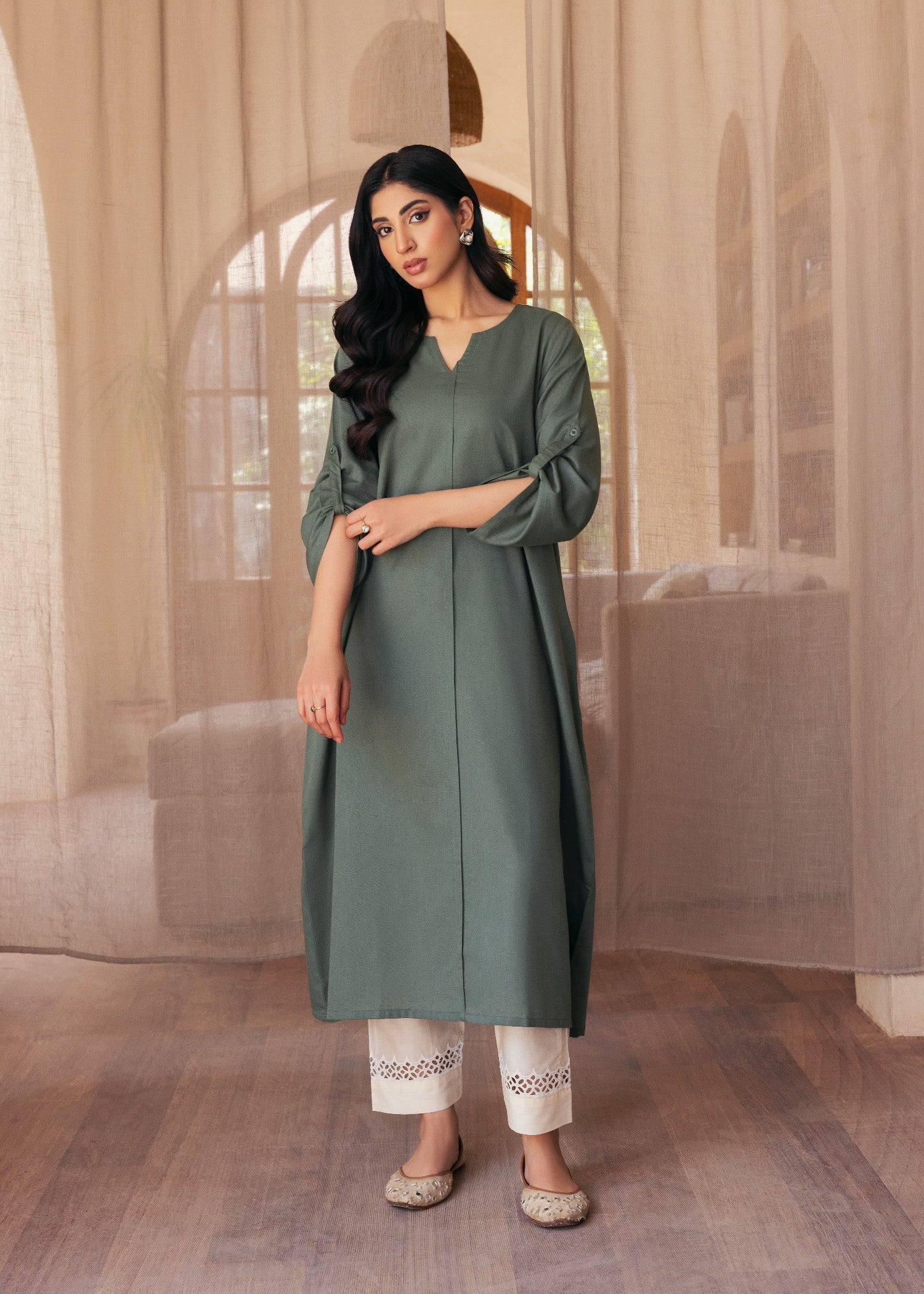 slub khaddar Kurti in Green