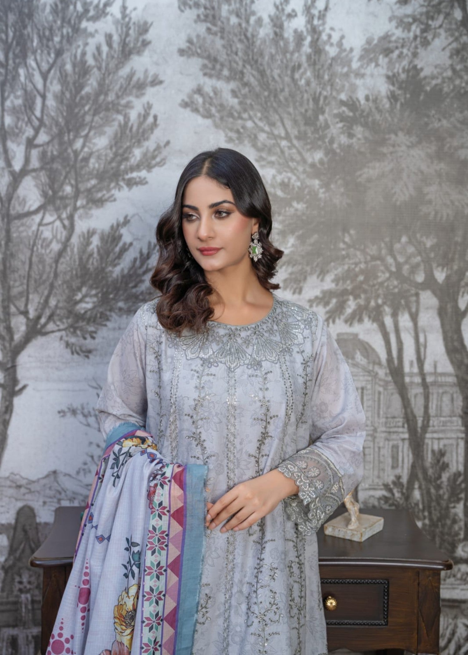 lawn cotton Kurta Set in Ash grey