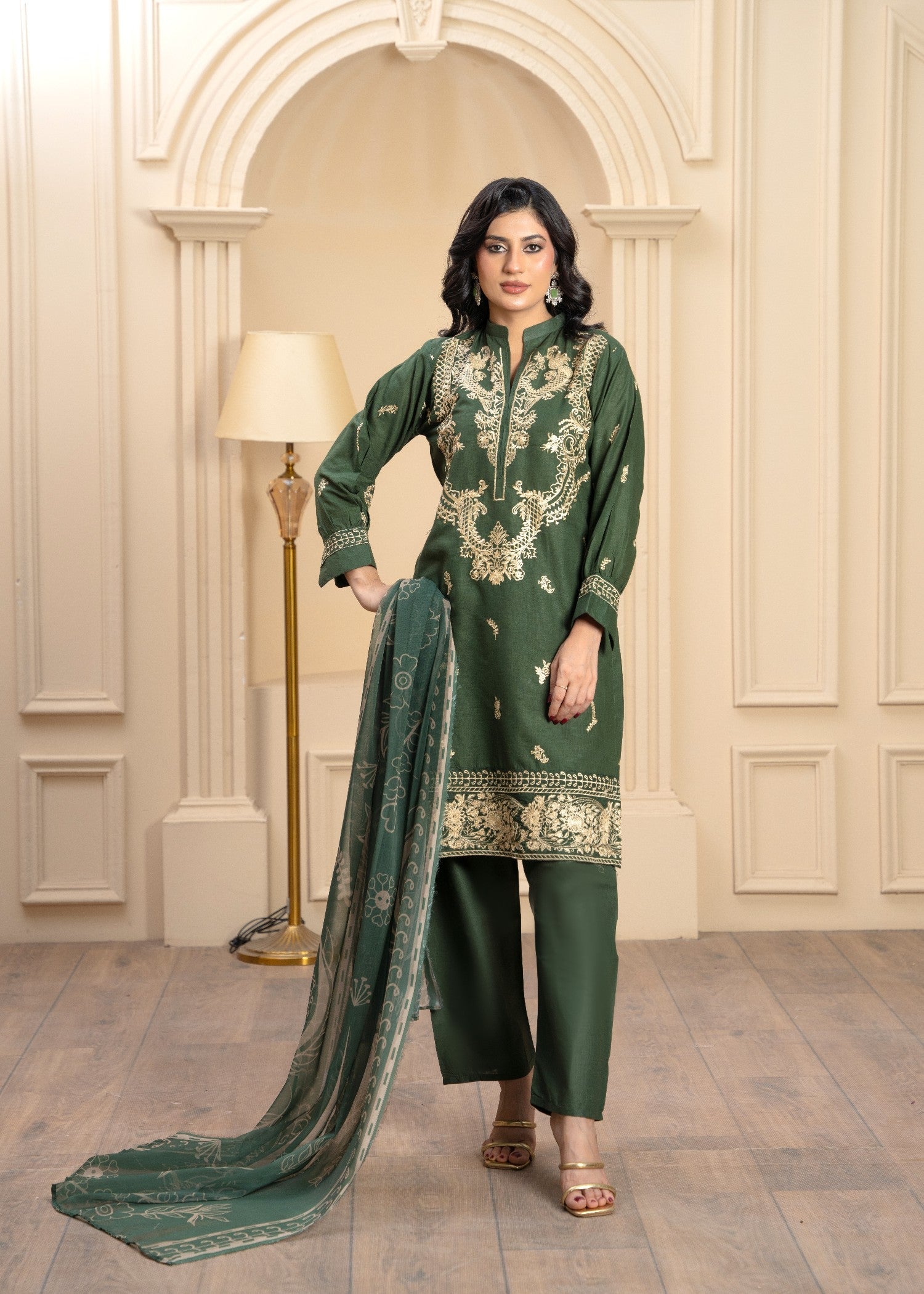 cambric Kurta Set in Olive green