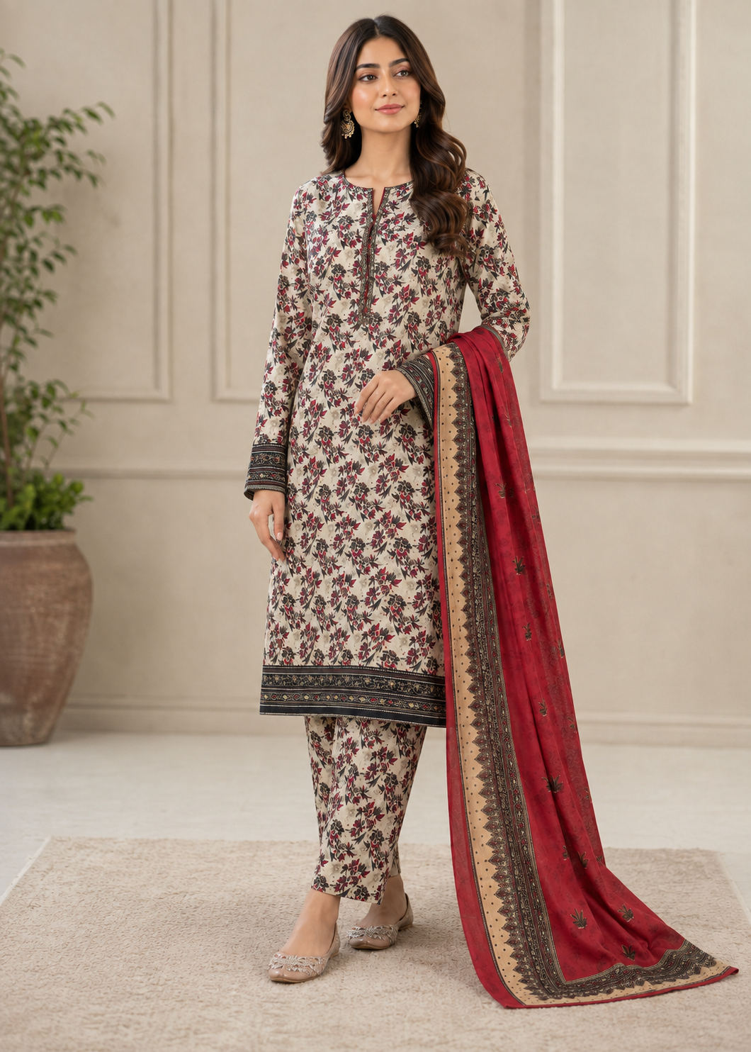 cotton Unstitched in Beige, red