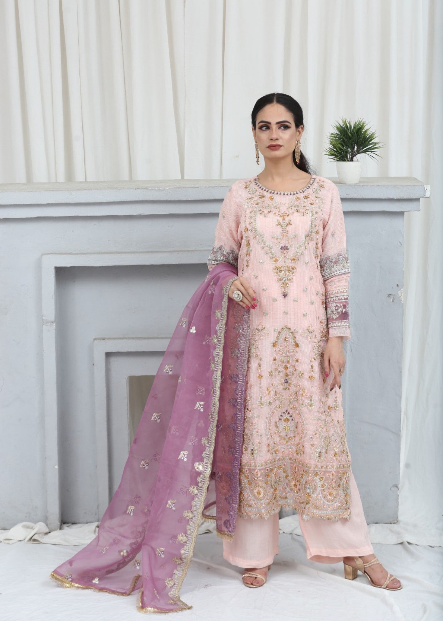 khaddi net Kurta Set in Cherry blossom pink