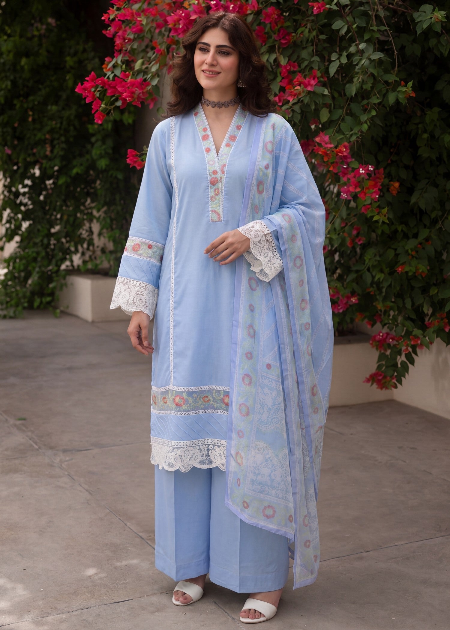 textured lawn Kurta Set in Sky blue
