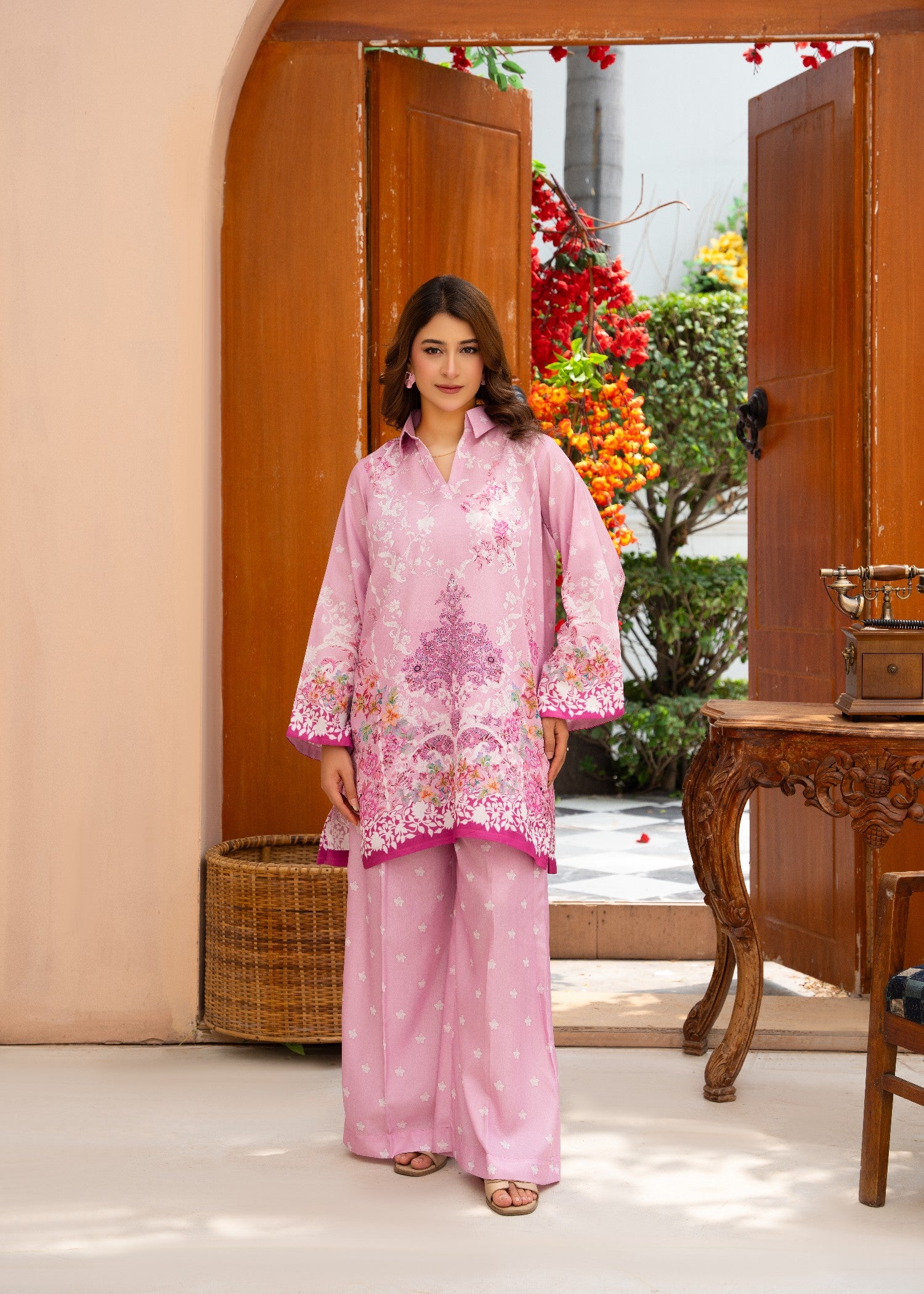 cambric Kurta Set in Flamingo