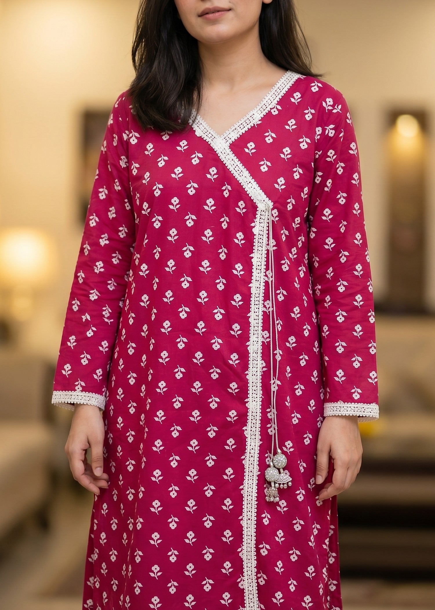 lawn Angrakha in Hot pink