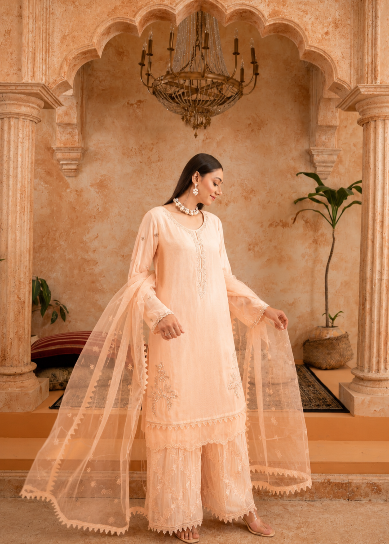 raw silk Kurta Set in Peach orange