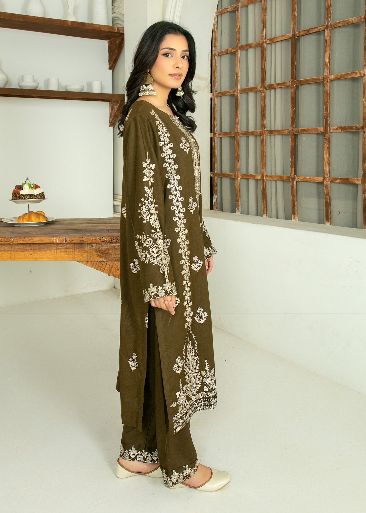peach wool Kurta Set in Black olive