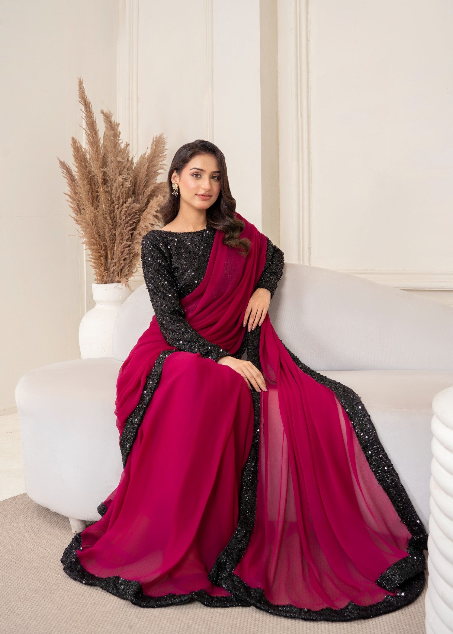 bemberg crinkle chiffon Saree in Magenta