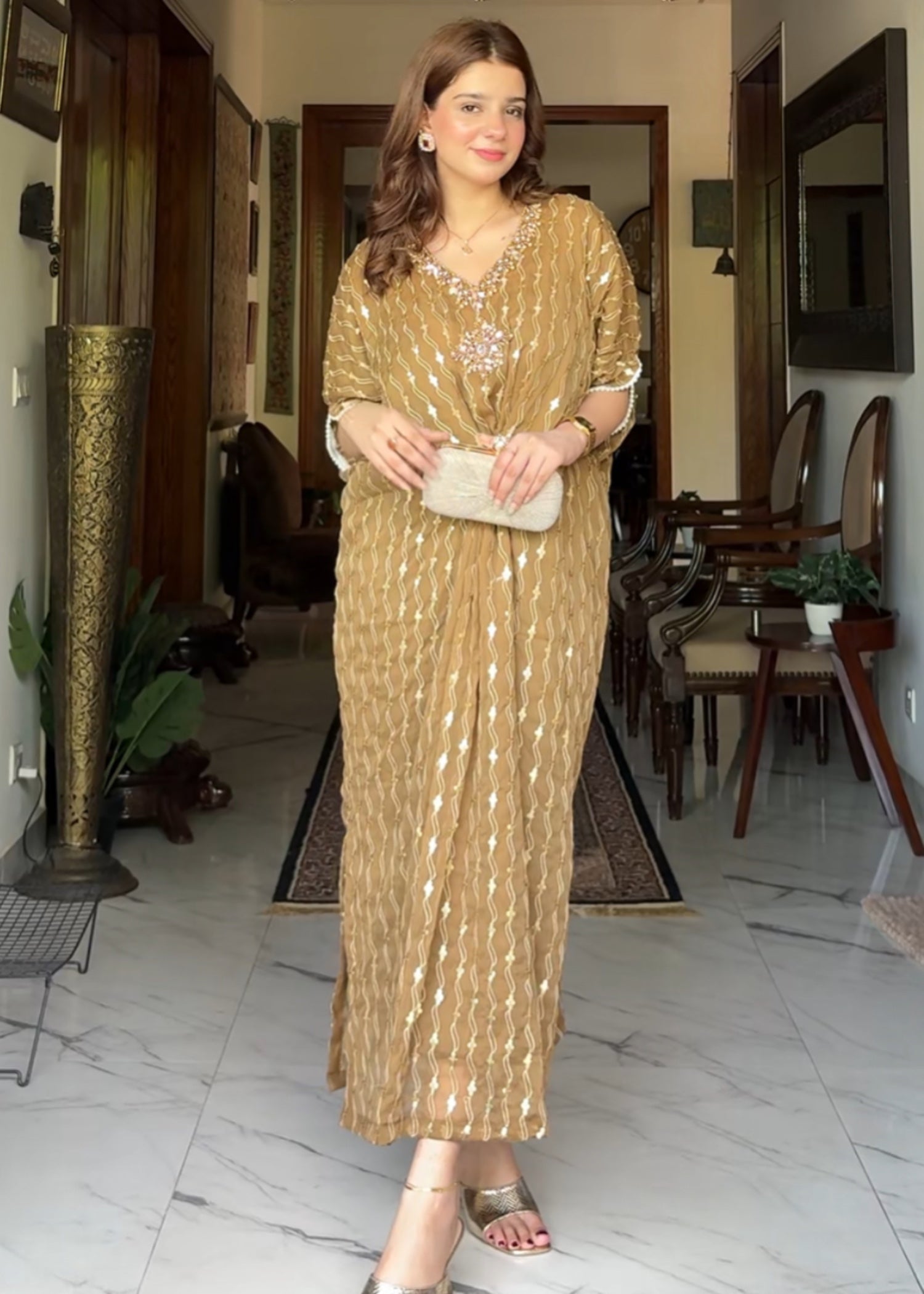 chiffon Kaftan in Camel brown