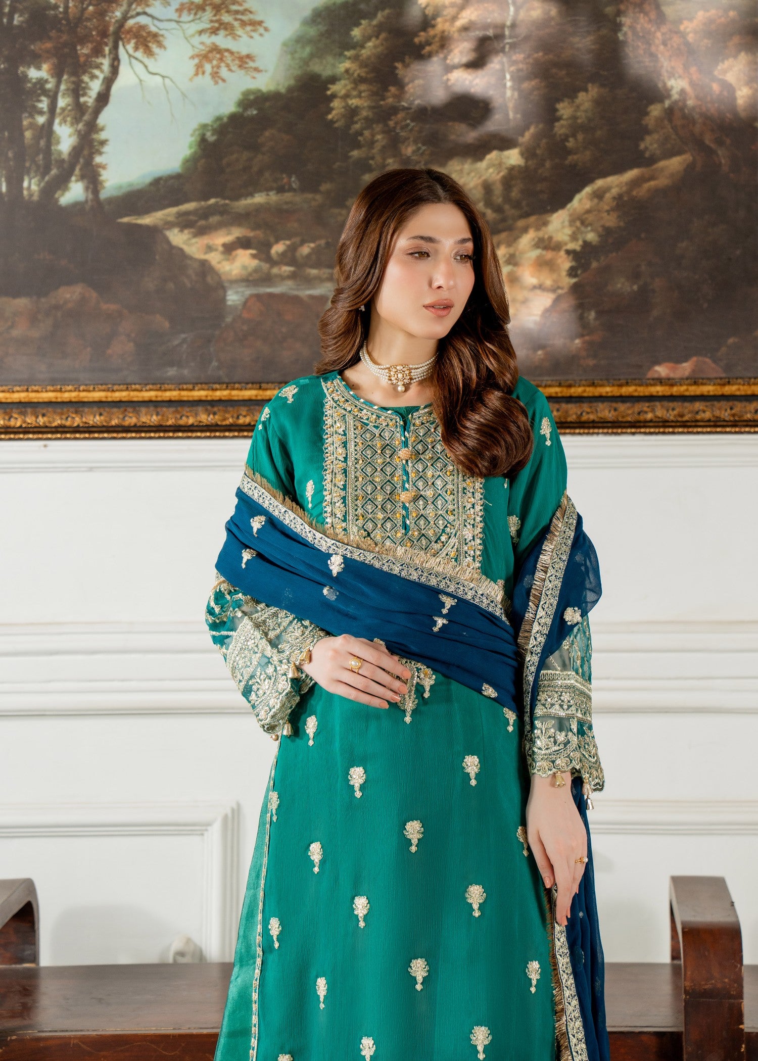 kattan silk Gown in Royal blue, teal