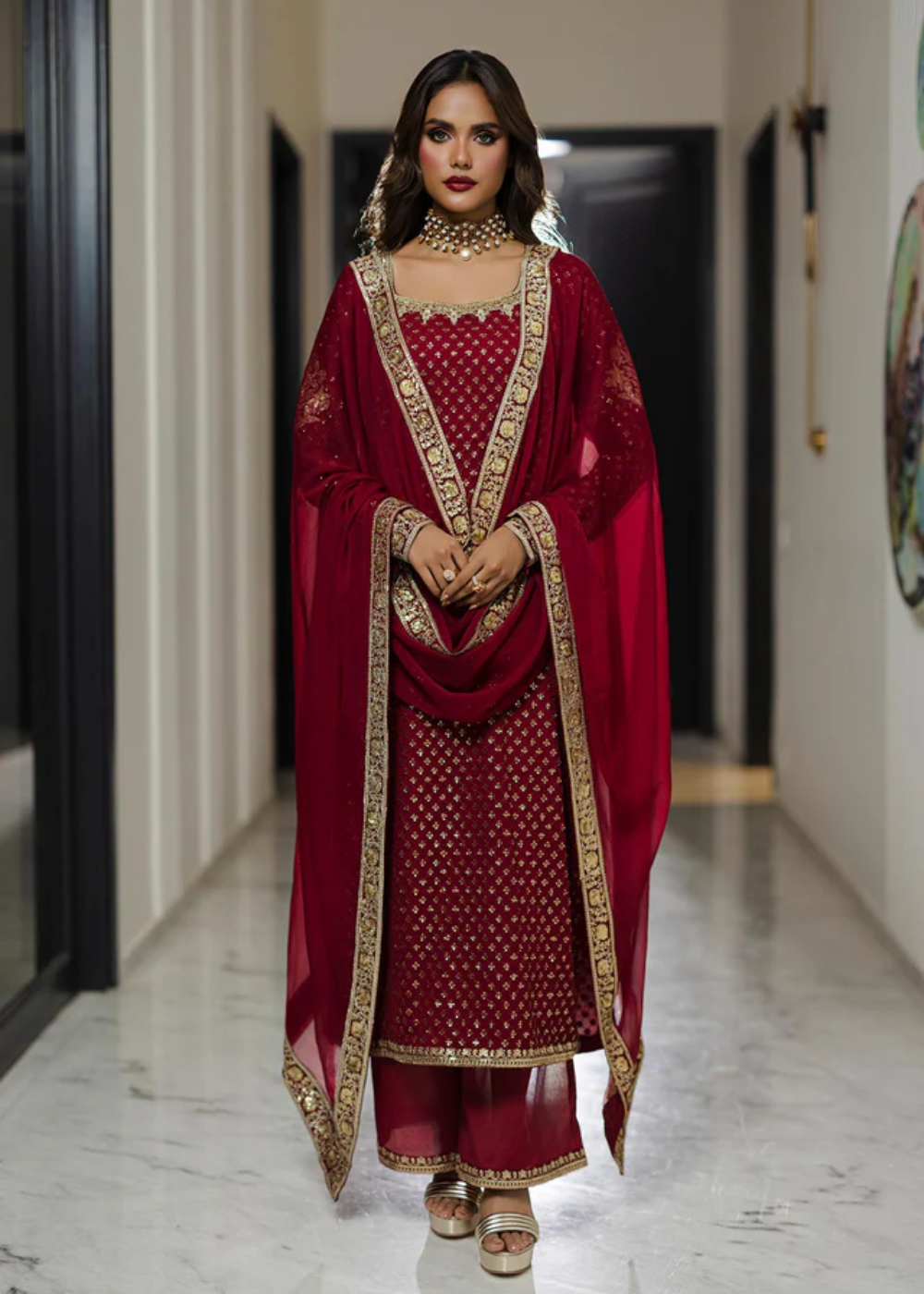 pure silk chiffon Kurta Set in Venetian red
