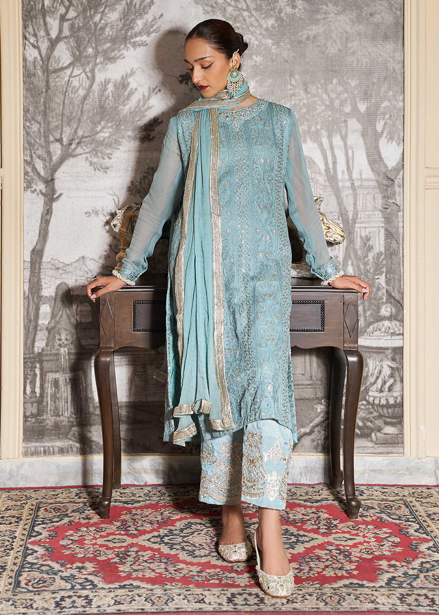 chiffon Kurta Set in Sky blue