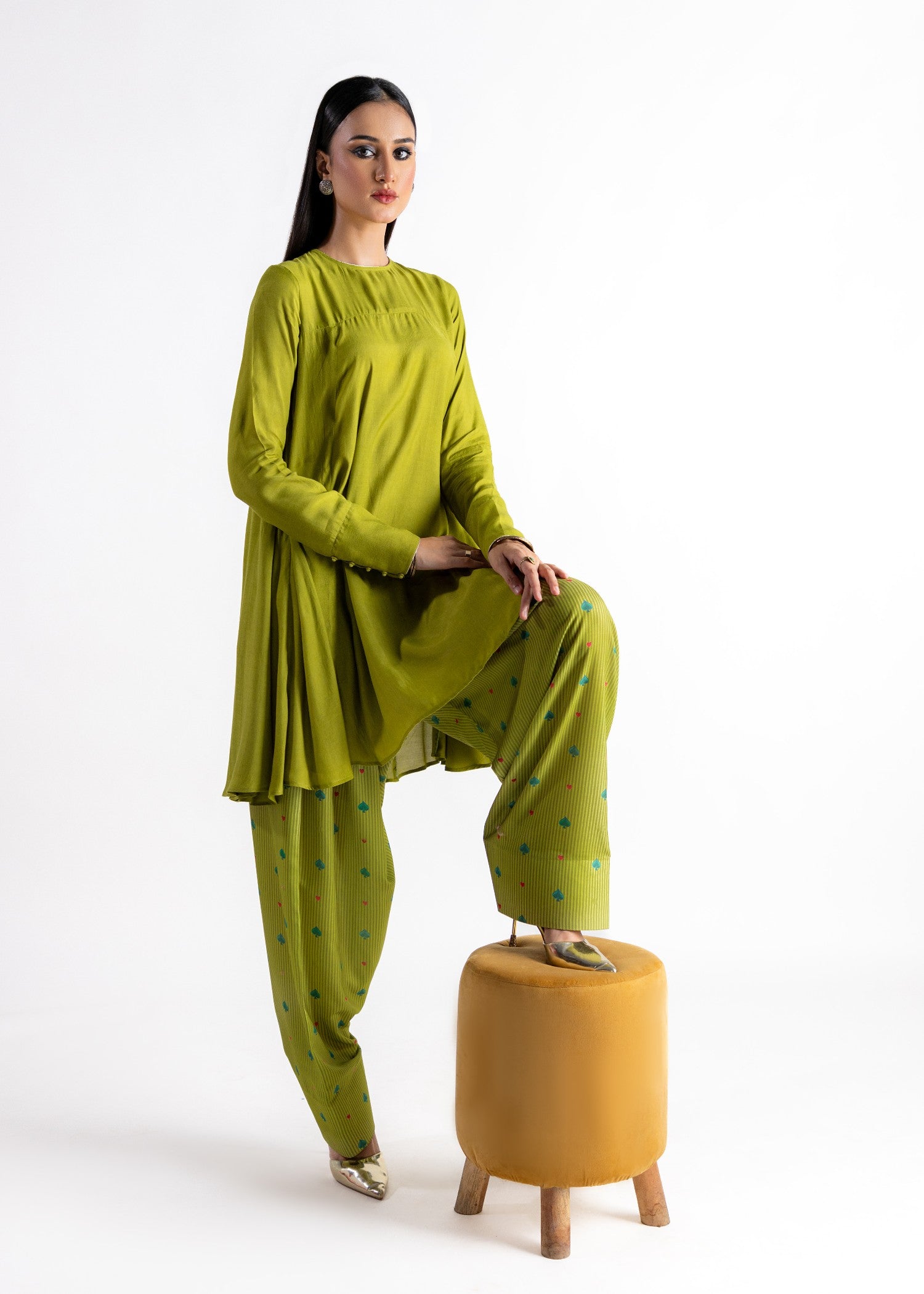 cotton silk Short Frock in Olive green