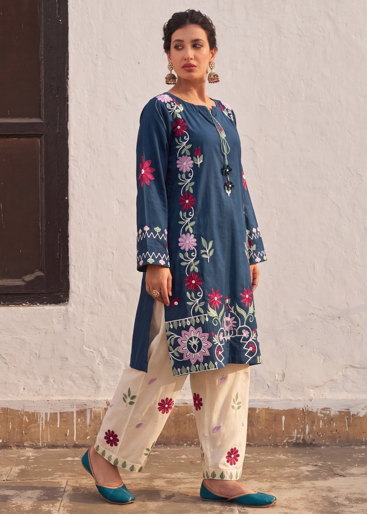 lawn Kurta Set in Steel blue
