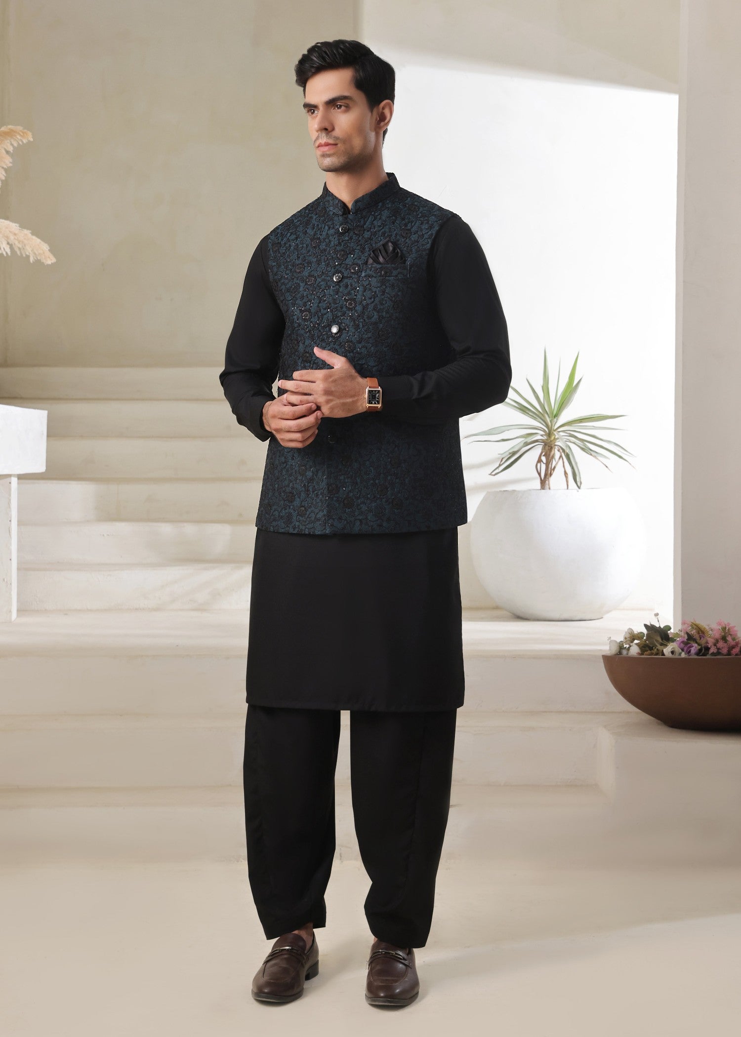 jamawar Waistcoat in Teal