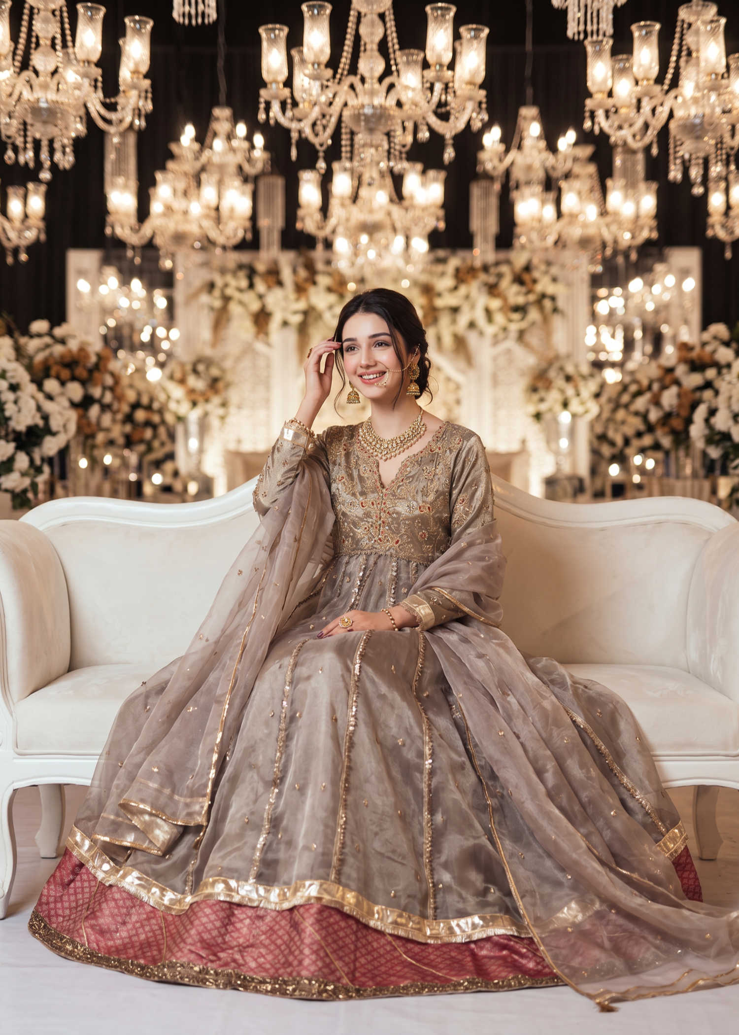 organza Pishwas in Sand brown