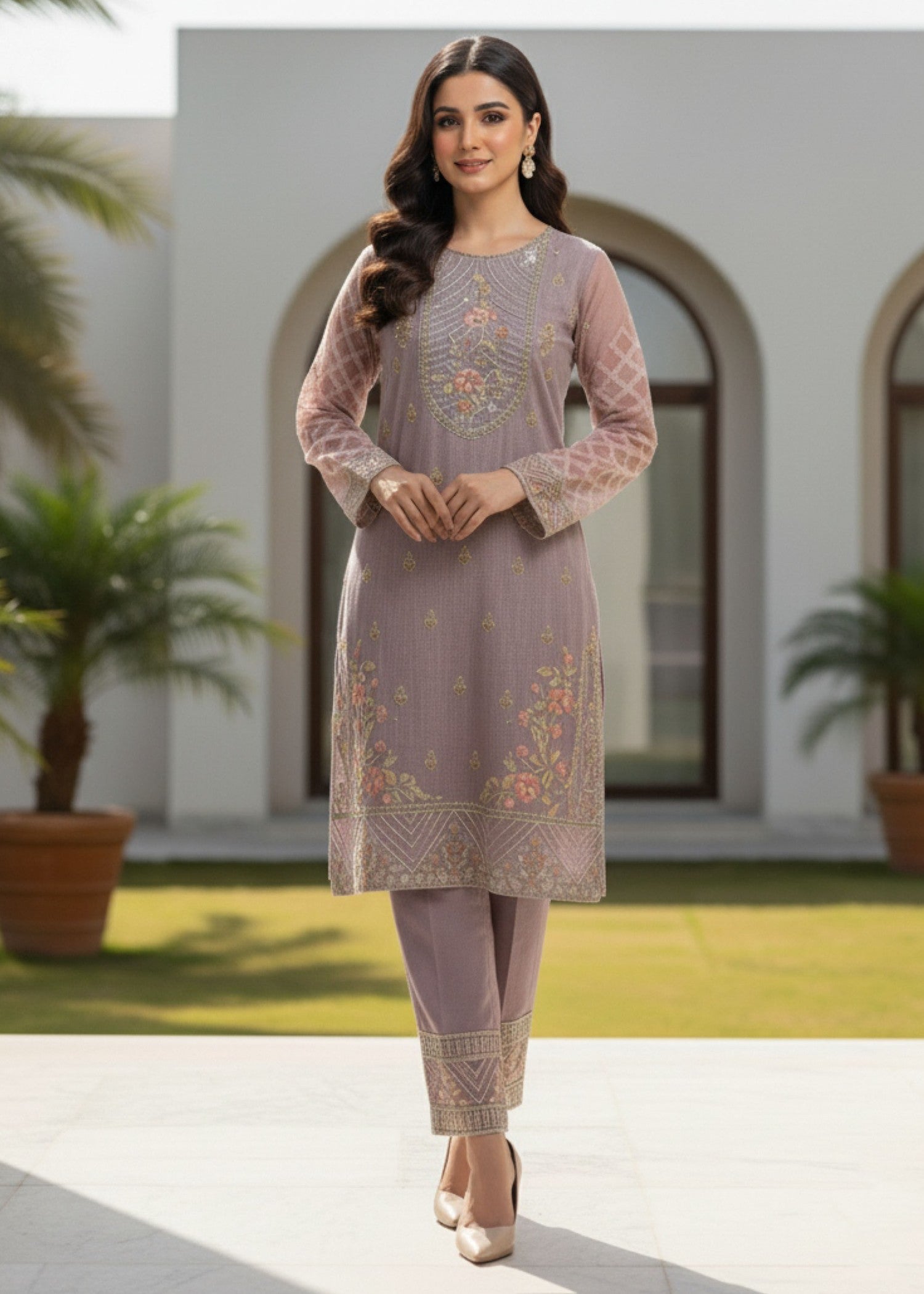 organza Kurta Set in Lavender grey