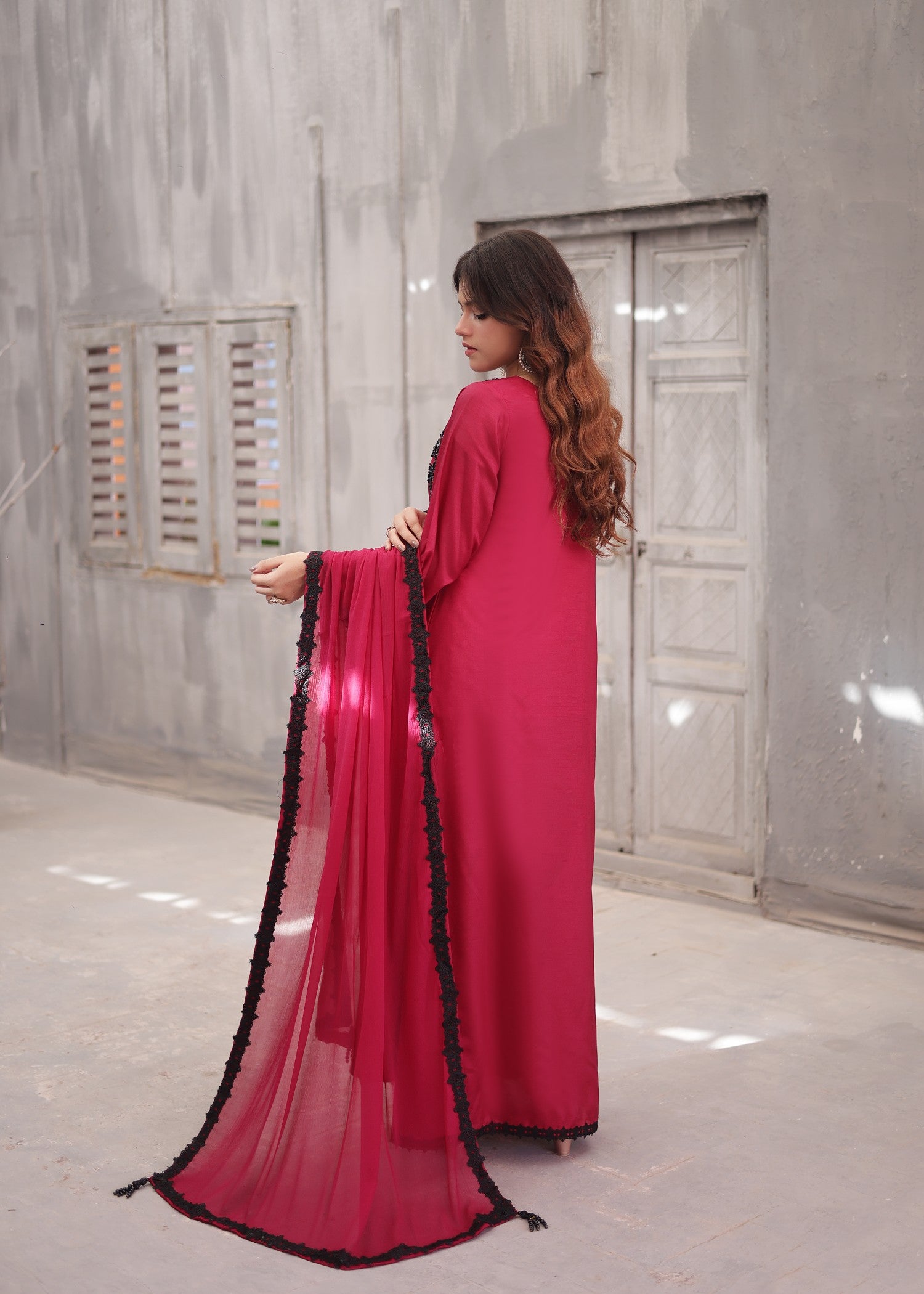 raw silk Kaftan in Cherry red
