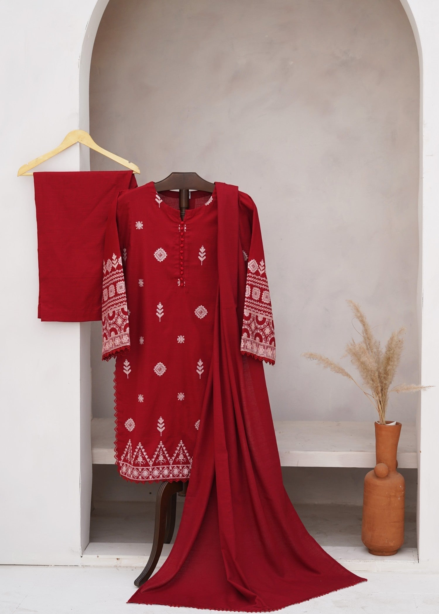 khaddar Kurta Set in Red